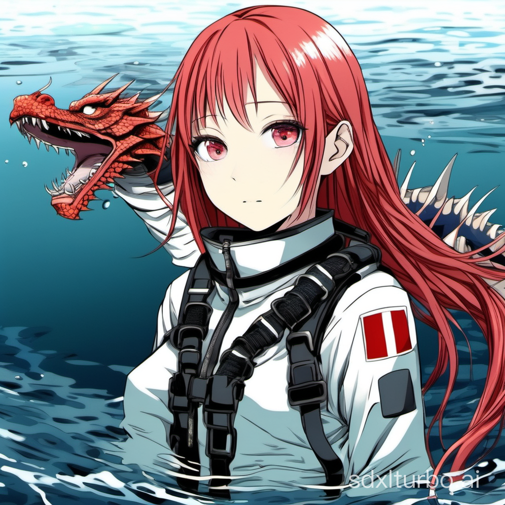 a Japanese girl namedうえすぎ えりいswimming in the sea,17 years old,long hair,Red hair,Wearing diving suits， ，outdoor，Red pupil，beaytiful,Slightly serious，some small dragon subspeciesin in the sea，Slenderness, slender,tall and thin,In Japan,Going downstream，Going downstream，Holding a precious knife，A delicate and extremely beautiful face