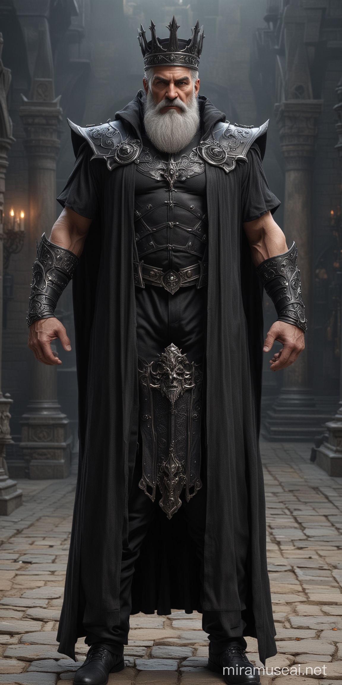 photorealistic dark lord, mature king sorcerer, handsome face, short grey beard, full body, very strong muscular body, toned muscles, six-pack, big arms, wearing a black crown, standing, background of darklord palace, very realistic, short beard