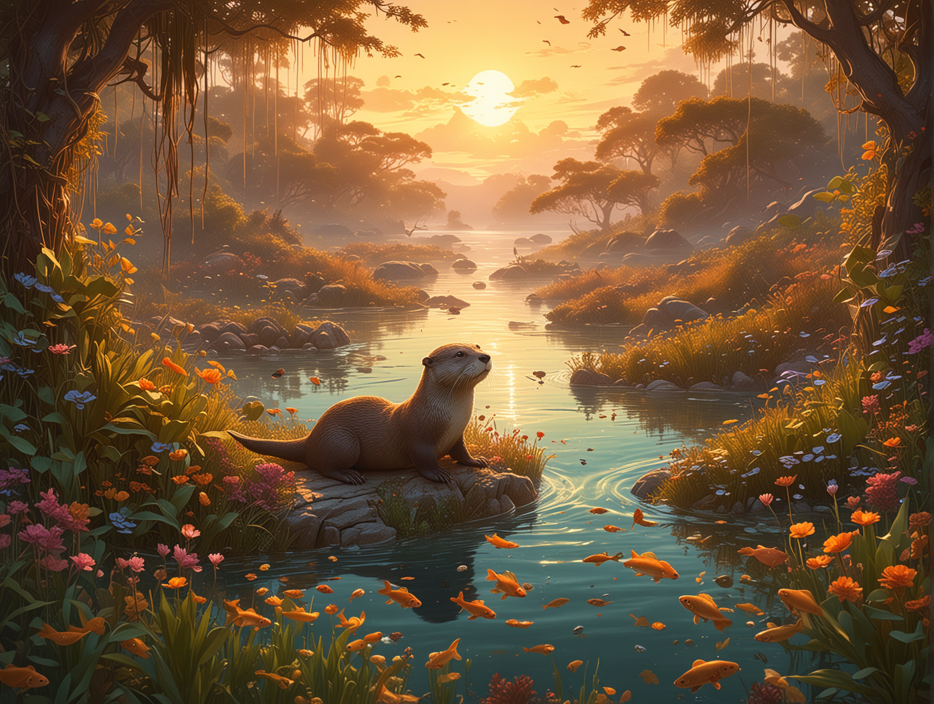 Imaginative scene transports viewers into enchanting world of otters, vibrant underwater landscape teeming with colorful fish, lush aquatic vegetation, curious otters exploring surroundings, Digital illustration, Realistic with a touch of fantasy, Highly detailed and sharp focus, warm and golden lighting, with sun setting on horizon, casting soft glow over entire scene, by James Jean and Alphonse Mucha, Artstation