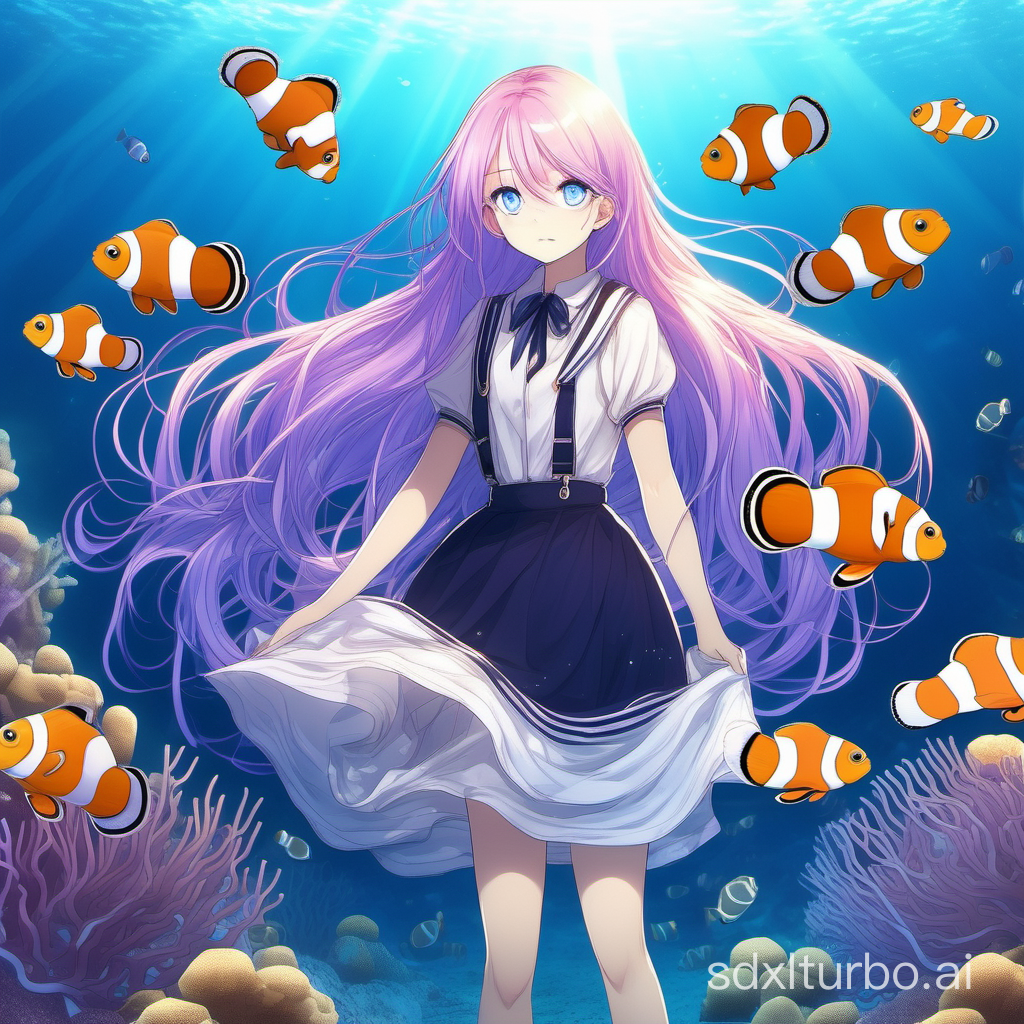 seabed,Marine organisms,There is a girl strolling under the sea,Light purple long hair,Dark blue eyes,Long gauze skirt,beautiful, A group of clownfish,8k,Sunlight penetrates into the sea and lowers,