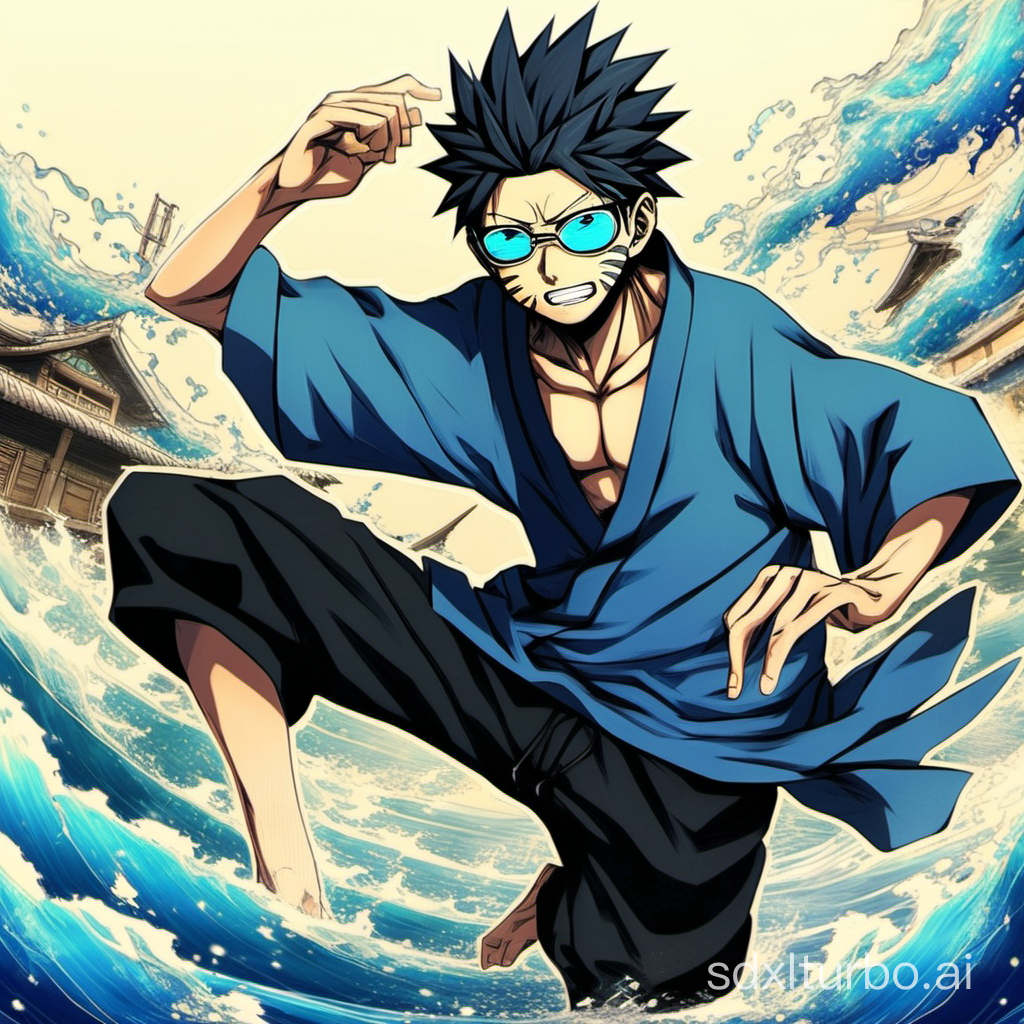 a boy is dancing，blue cloth，blue sports glasses，beard residue on the chin，black trousers，double blades like flatfish，average person，Naruto art style，Wuyin Village，deep sea