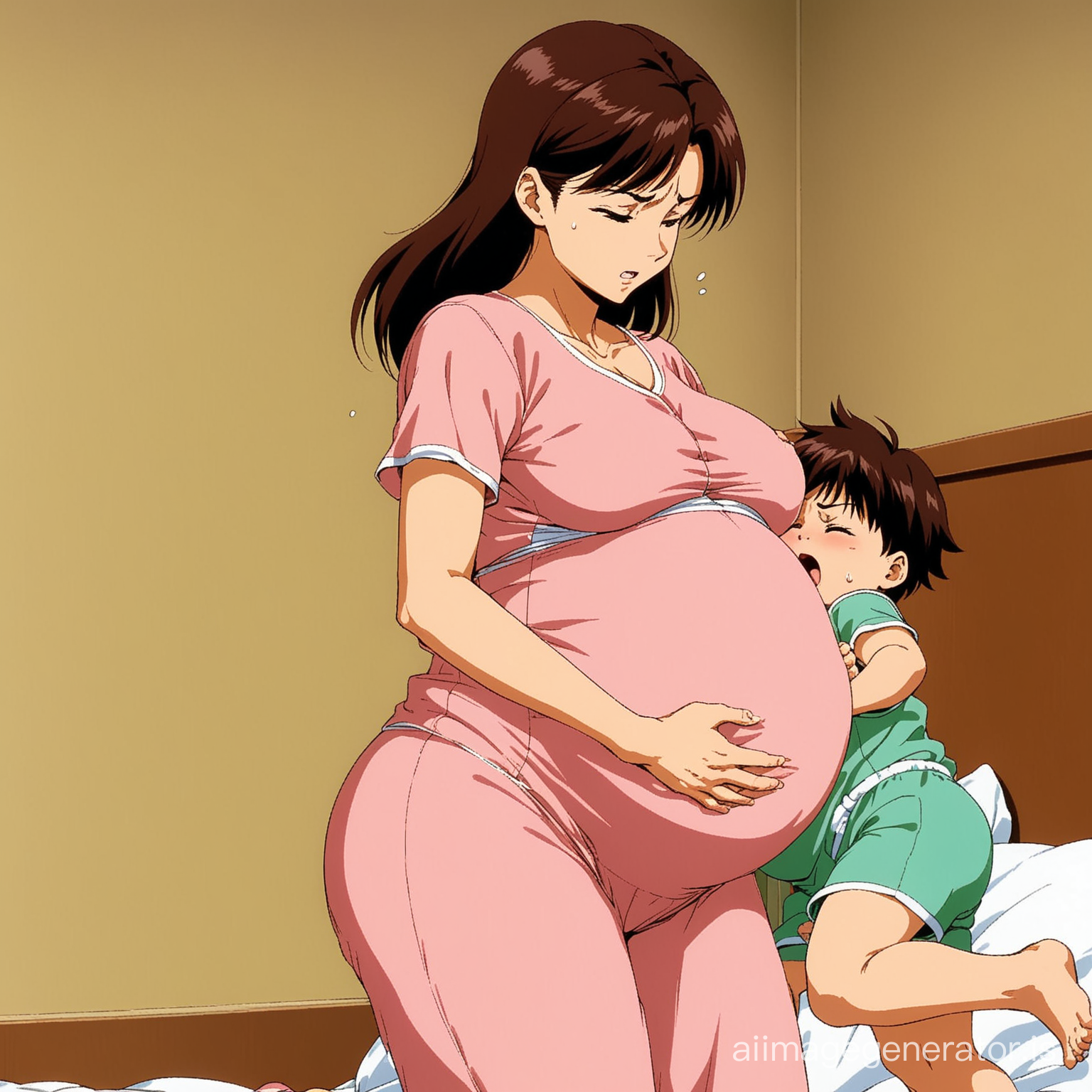 (90's anime) pregnant mother hurts at contractions with little son hugging his mommy's abdomen in (baby kicking)