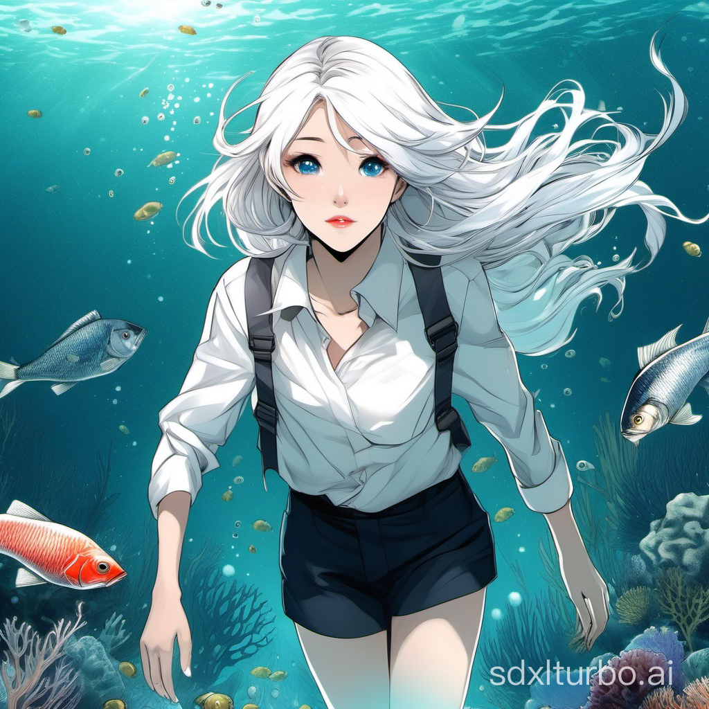 at the bottom of the sea,
a handsome cool girl  with white hair,white shirt,
outdoor,fish around him
