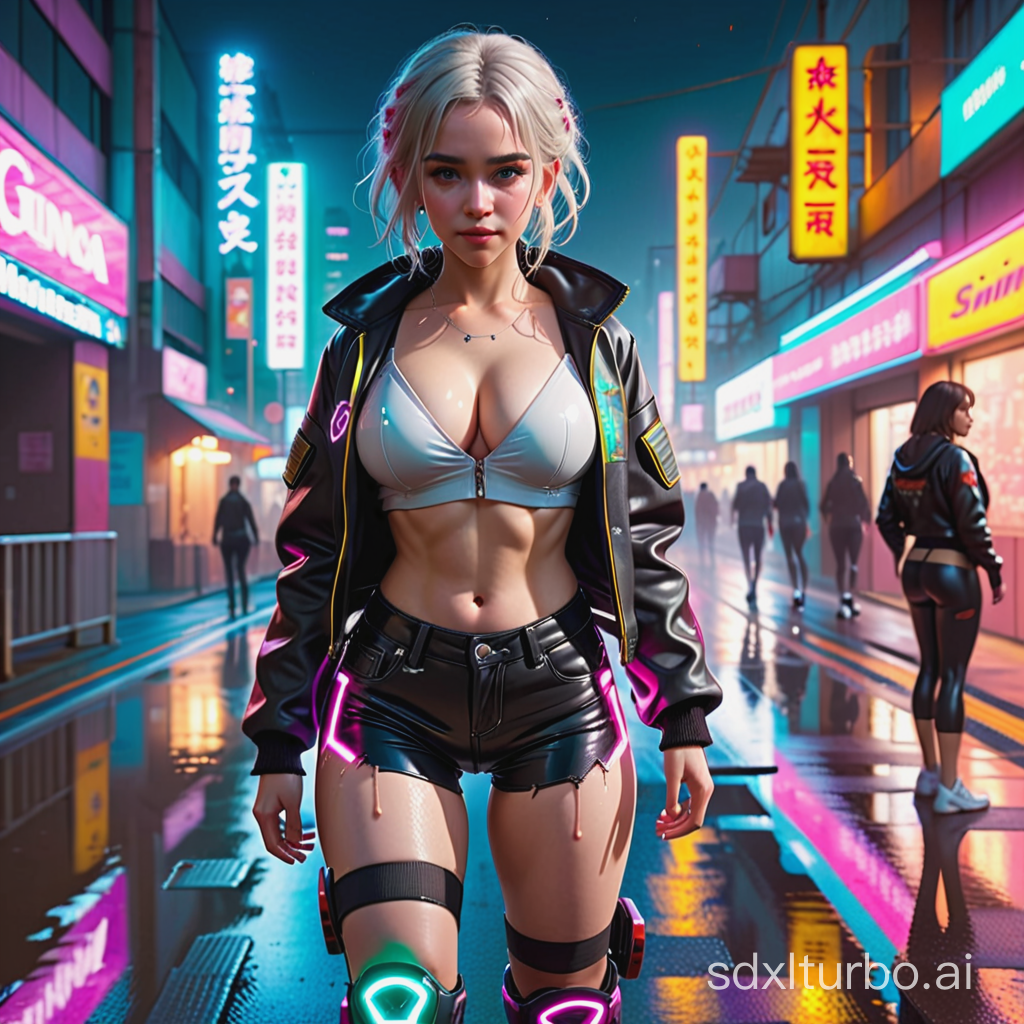 Busty gyaru Emilia Clarke as Ciri in the style of cyberpunk 2077,cyberpunk haircut,half-turn back view,LED biker jacket,torn top,underboob, short shorts,knee pads,sneakers with neon lights,one leg raised and standing on a hoverboard dependent over the asphalt,neon lights are reflected in puddles,night,a little rain is dripping,cell-shading,professional photos,realistic photos,strong hairblowing wind,perfect beautiful face,hq eyes,plump lips,shy smiling,flat stomach,slender hips,perfect body,slim hips,small hips,style raw,masterpiece 1:2,extremely detailed cg,sun shafts,ray-tracing,32k.