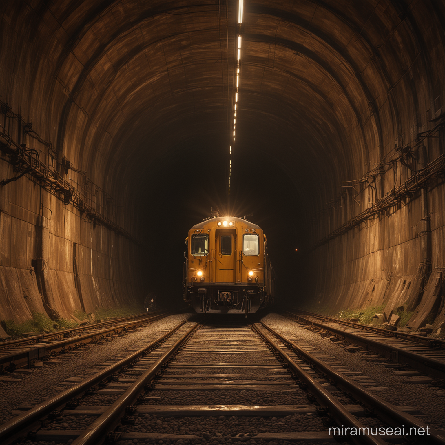 Steampunk Train Tunnel Golden Archways and Dim Gaslight Shadows