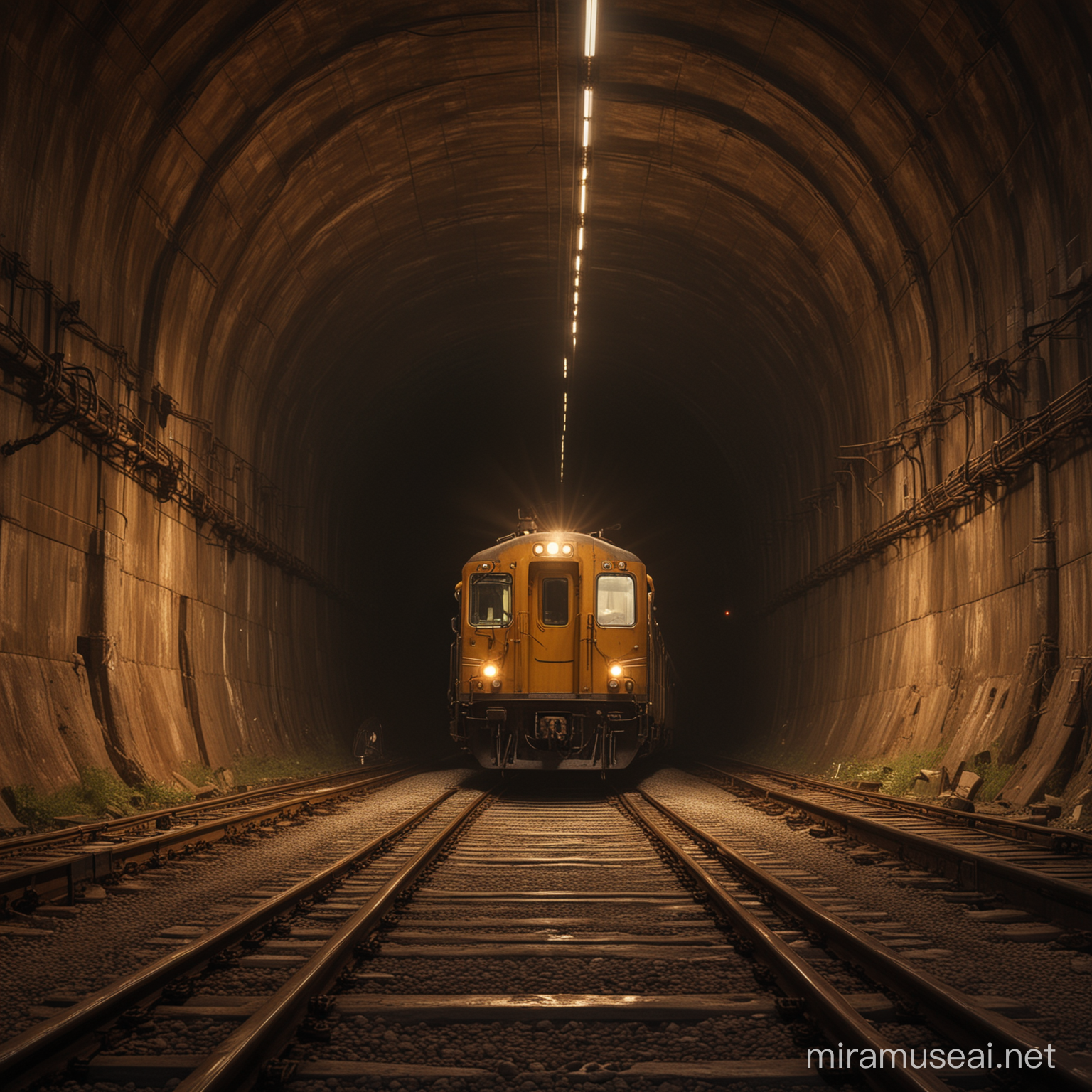 Steampunk scene of a train in a tunnel, medium: digital painting, style: reminiscent of the artwork in Philip Reeve's Railhead, lighting: dim, diffused gaslight casting long shadows, colors: muted browns and golds of the tunnel against the metal train, composition: created with a Wacom Cintiq 22 drawing tablet, Resolution 15360 x 8640 pixels, wide-angle view capturing the train's power and the darkness of the tunnel, focus on the train's headlight and the tunnel's arch. --ar 16:9 --v 5.1 --style raw --q 2 --s 750