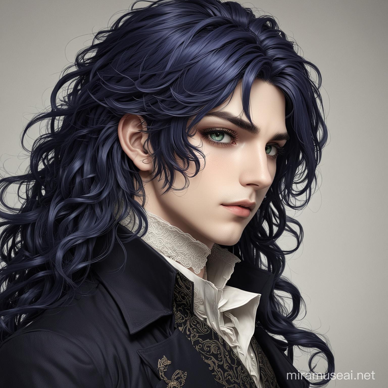 gothic, male, vitorian, anime, long curly dark blue hair, dark green eyer