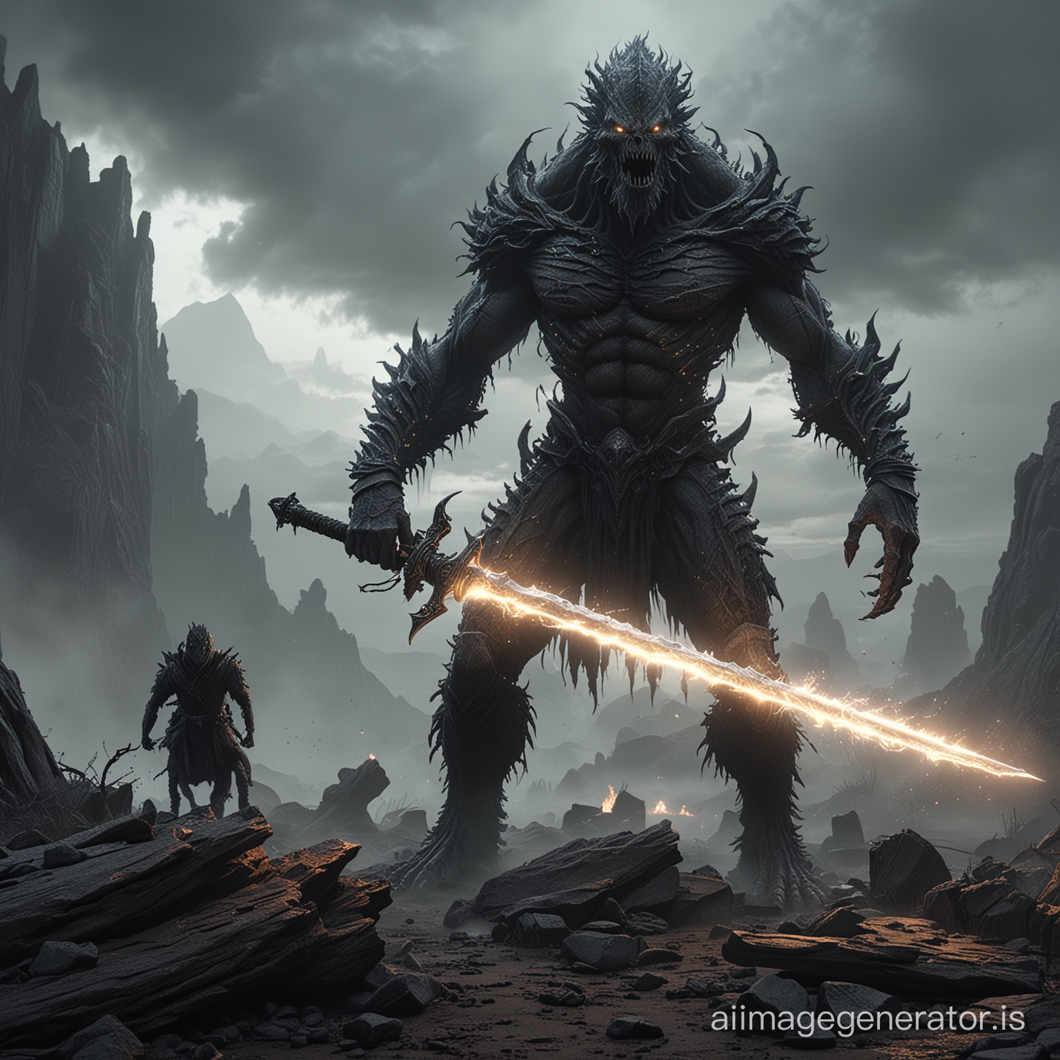 Photorealistic of a twisted and monstrous creature with a glowing effect on its sword and hand, set against a gloomy, terrifying, and mystical battlefield background, with added smoke or fog effects, featuring a giant terrifying creature fighting against the original creature, and adding another giant creature, with additional mystical elements, rendered with Octane Render in 8K resolution, designed to be even more awe-inspiring.