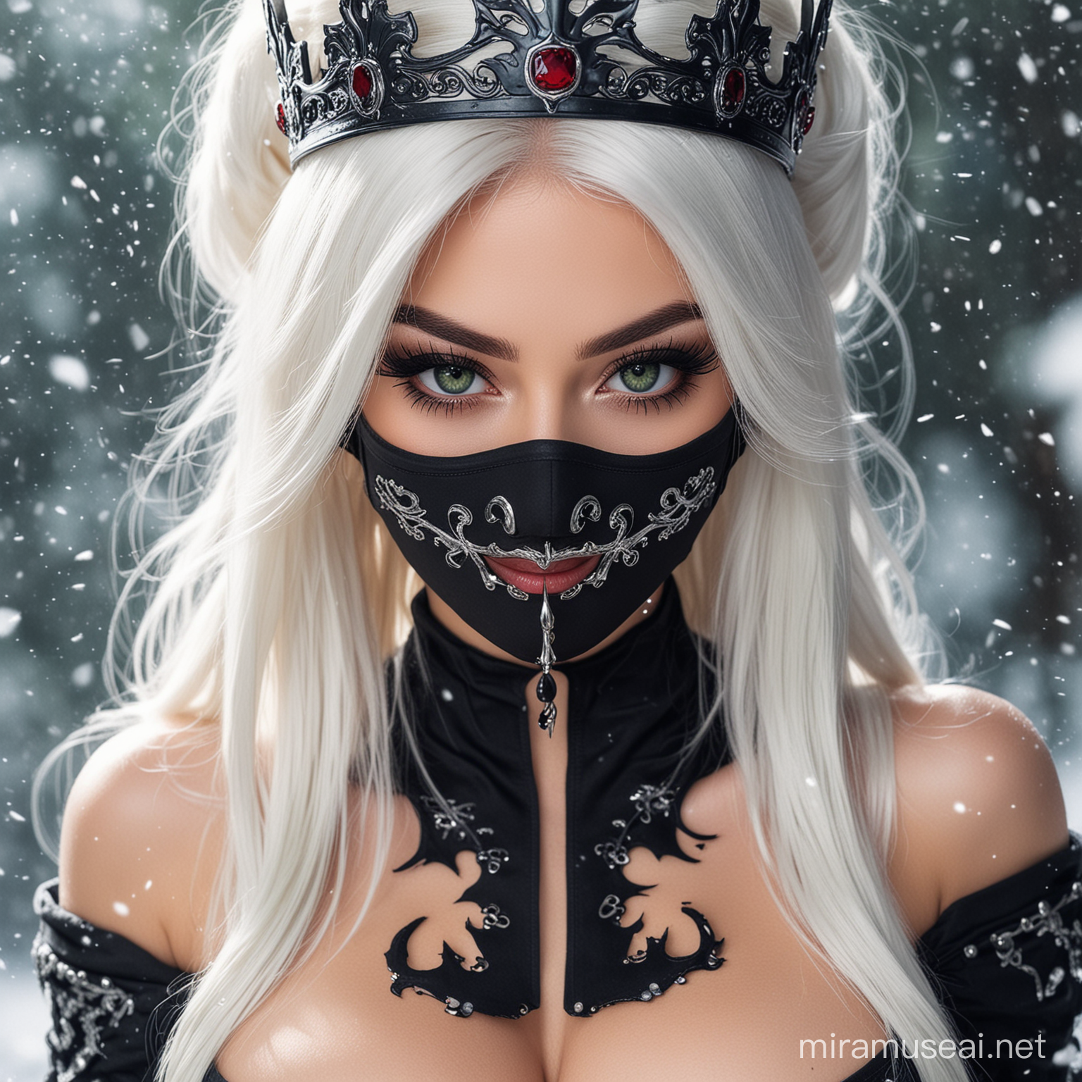 A stunning ninja hot princess big boobs with flowing snow white  hair and piercing green eyes and wearing black mask with crown, seductive charm.