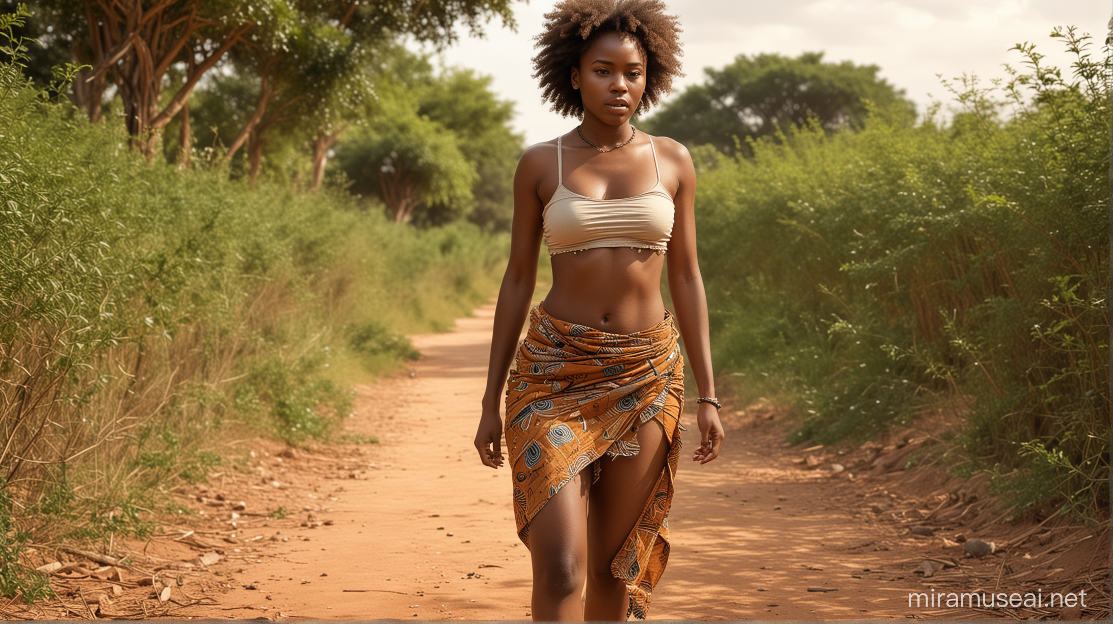 generate an ultra realistic image of an African young lady with a light brown skin tone, dressed in a two-piece local wrapper showing her belly button with beads on her waist, beautiful and endowed walking on a bush path looking angry and Furious, image should be colourful with good lighting 