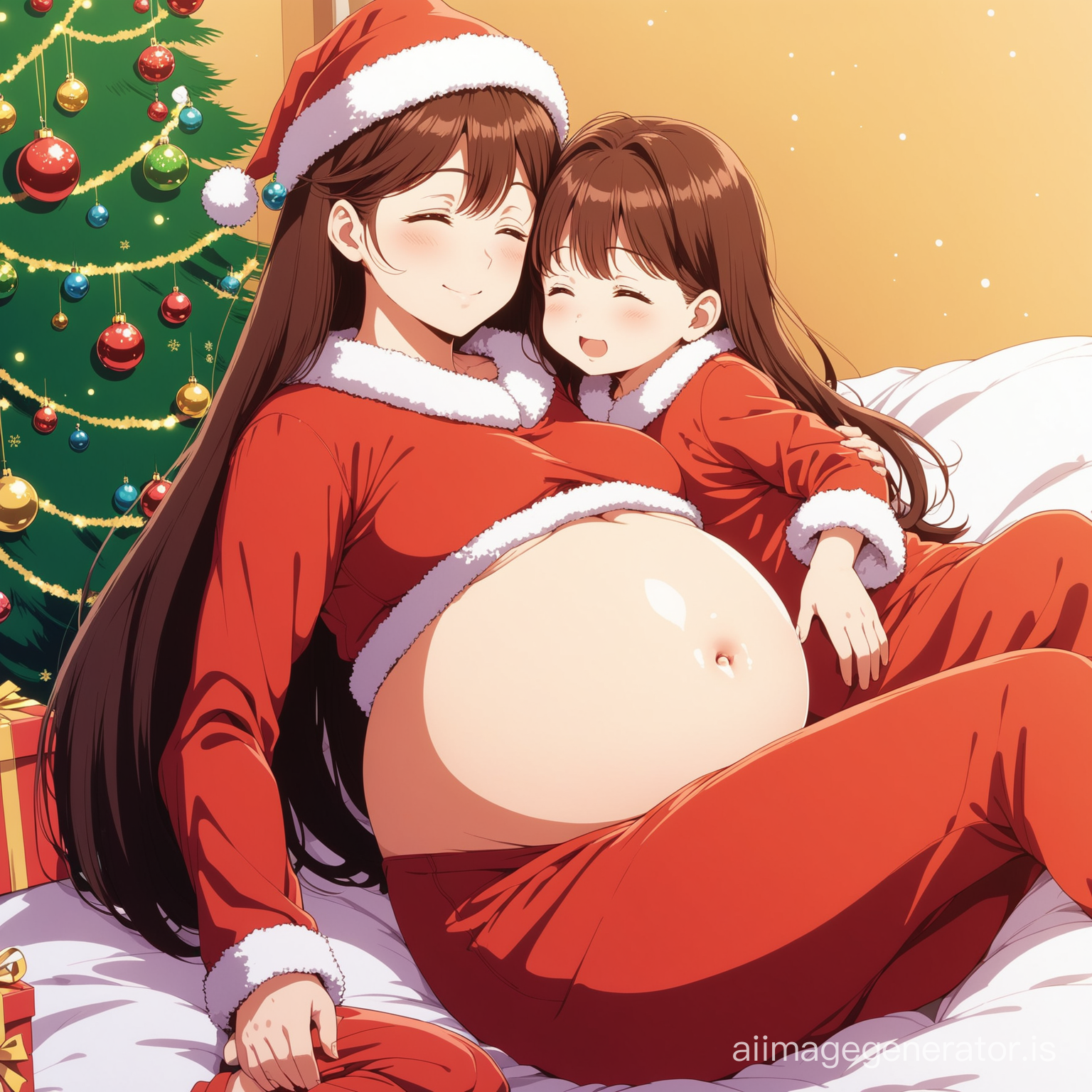 (90's anime) pregnant mother resting with little daughter hugging her mommy's big tummy in (christmas)