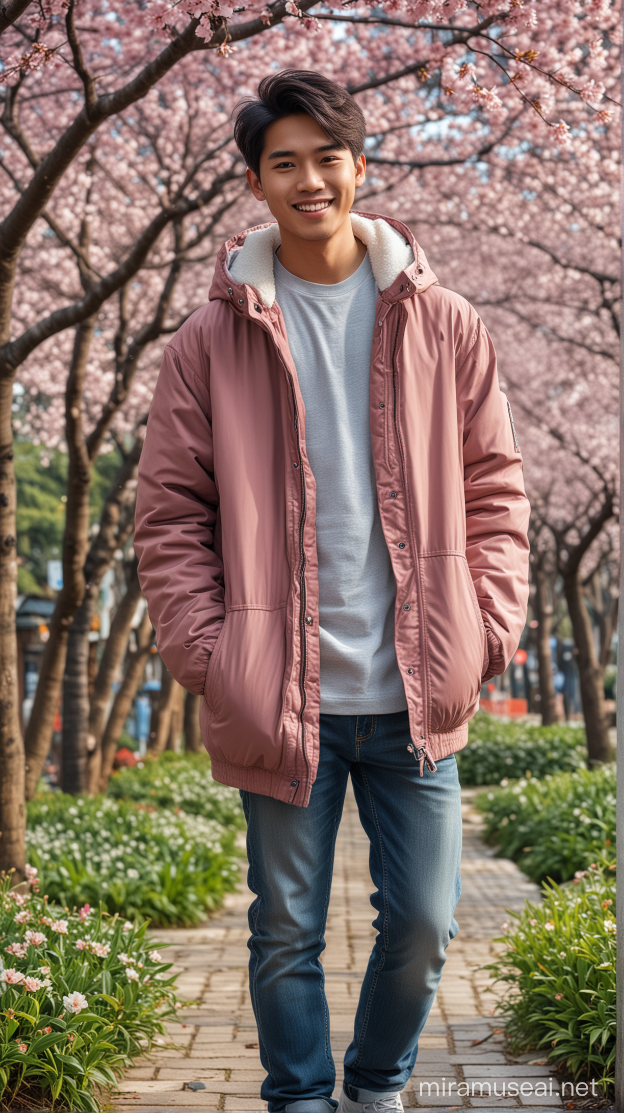 full body, real photo indonesian handsome man, 18 years old, asian face, oval face, short hair, smile ekpressions, wearing a winter jacket and jeans streatch, standing facing the camera under the sakura garden at morning, 32K ultraHD resolution, HDR, 800mm lens, hyperrealistic, photography, professional photography, deep photography, ultra realistic, very high quality, best quality, mid quality, HDR photo, focus photo, deep focus, very detailed, original photo.