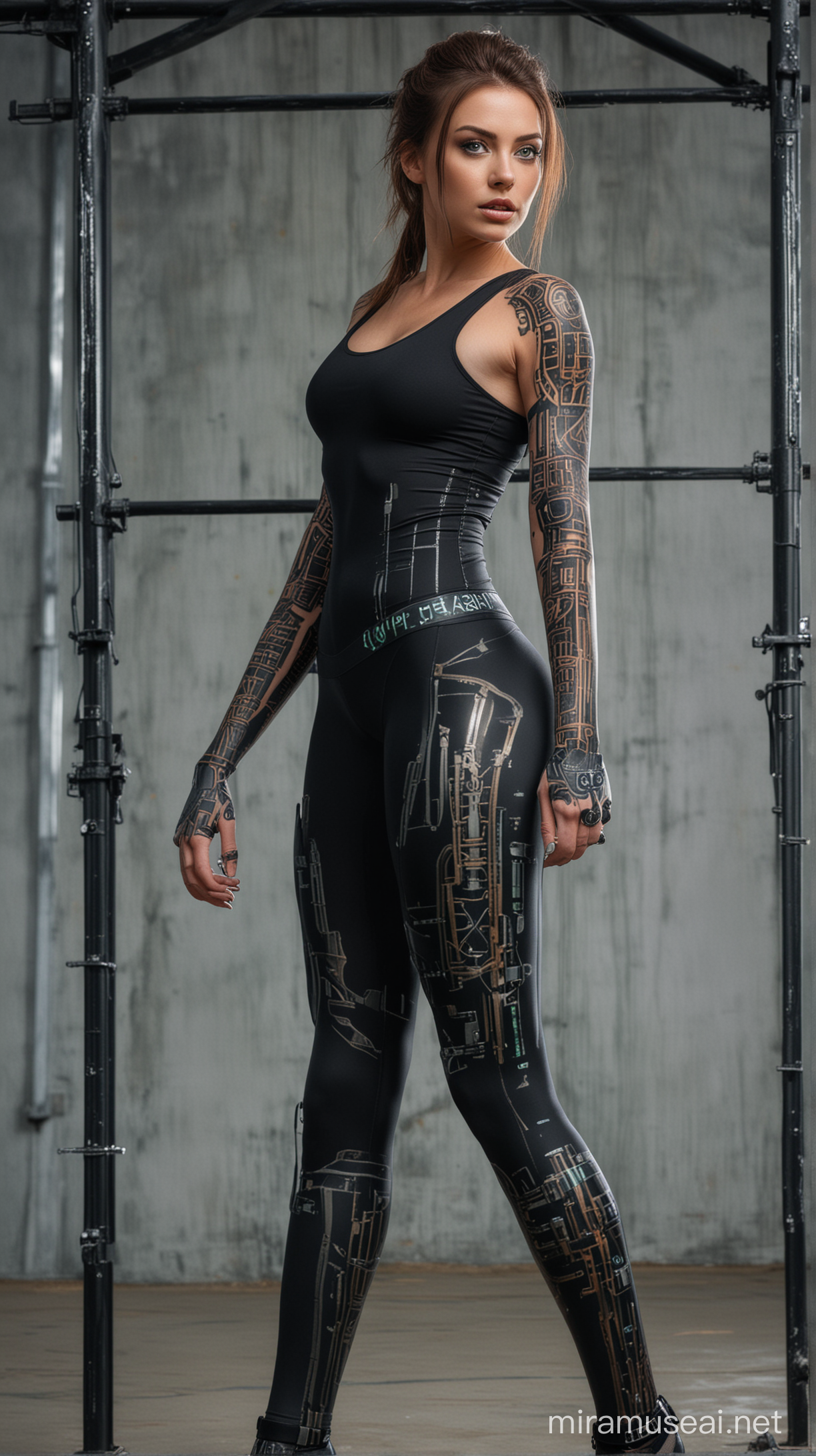 Beautiful woman with brown hair and striking green eyes, she is a cyborg but with only small amounts of metal coming through her skin on her face and body, she is wearing all black tights, she is standing in a dystopian world, she has a tattoo of three parallel bars on her right arm
