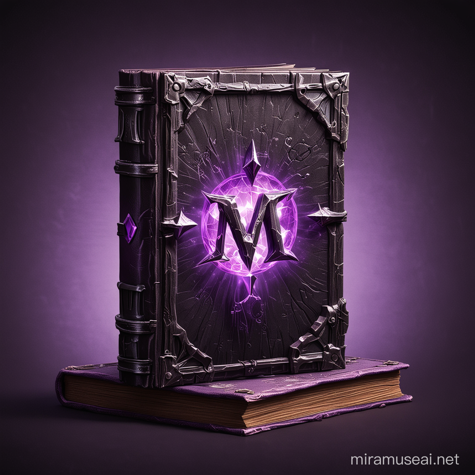 Mystical Tome book evil purple aura with a M letter on the cover and a bright purpple gem; freestanding; colorfull 2d darkest dungeon style;  transparent background, --no background; --no text;  --no shadow;