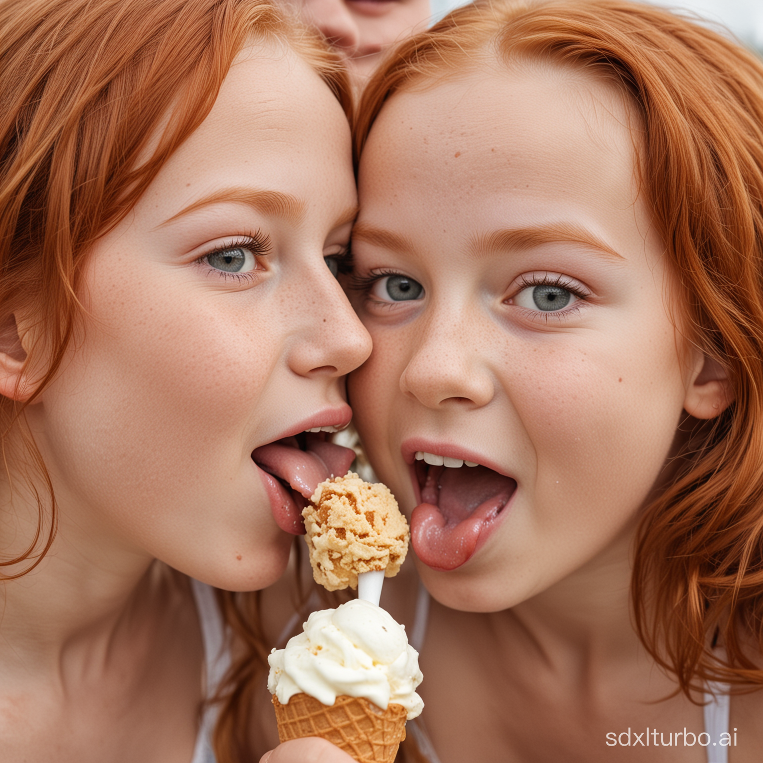 a photography of 2 young  children's girls redhead in bikini, close-up mid of camera, 1 suck ice cream showing the tongue and other young children kisses on the cheek