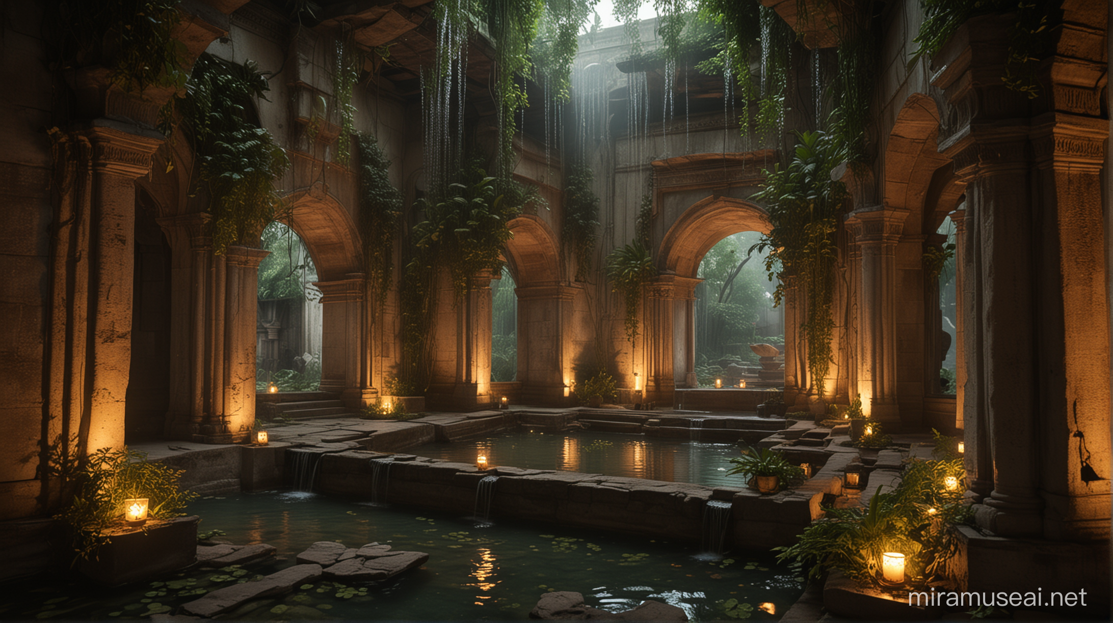 A room lit by a soft, soothing glow, where the vegetation seems to be coming back to life despite the surrounding corruption. Benevolent spirits watch over this place, offering protection to those seeking purification. Fountains of pure water gush from the walls, dispelling the darkness.
