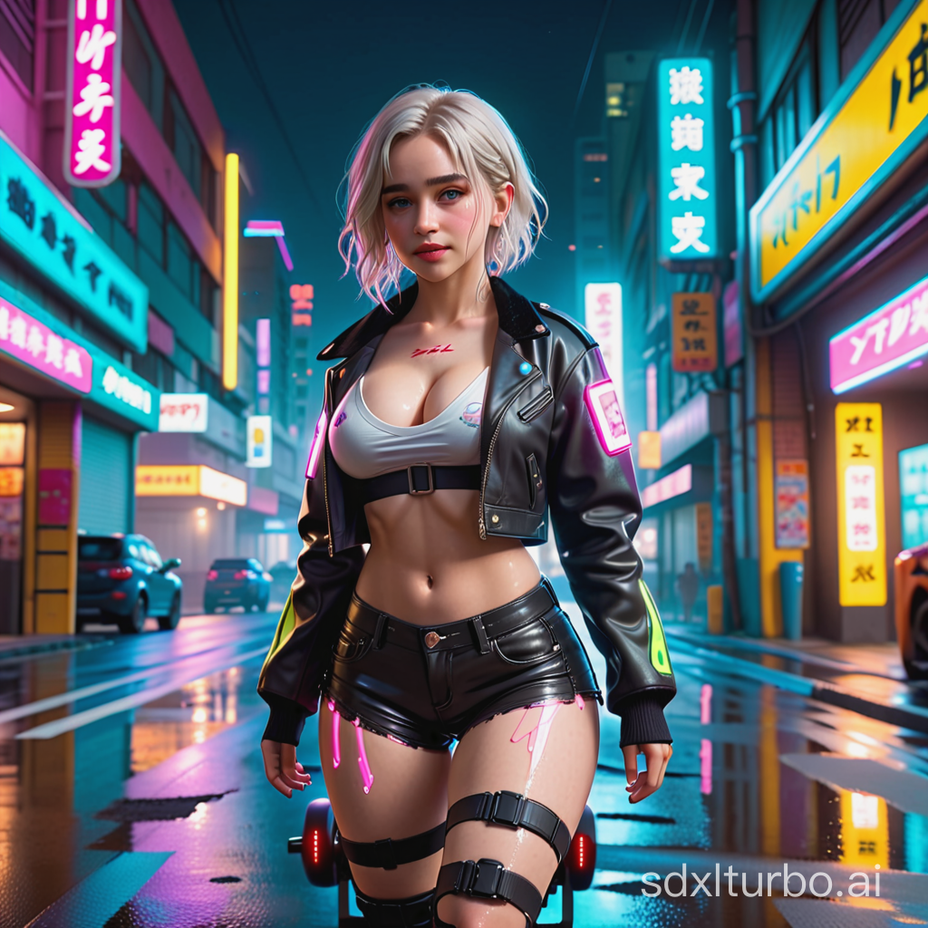 Busty gyaru Emilia Clarke as Ciri in the style of cyberpunk 2077,cyberpunk haircut,half-turn back view,LED biker jacket,torn top,underboob, short shorts,knee pads,sneakers with neon lights,one leg raised and standing on a hoverboard dependent over the asphalt,neon lights are reflected in puddles,night,a little rain is dripping,cell-shading,professional photos,realistic photos,strong hairblowing wind,perfect beautiful face,hq eyes,plump lips,shy smiling,flat stomach,slender hips,perfect body,slim hips,small hips,style raw,masterpiece 1:2,extremely detailed cg,sun shafts,ray-tracing,32k.