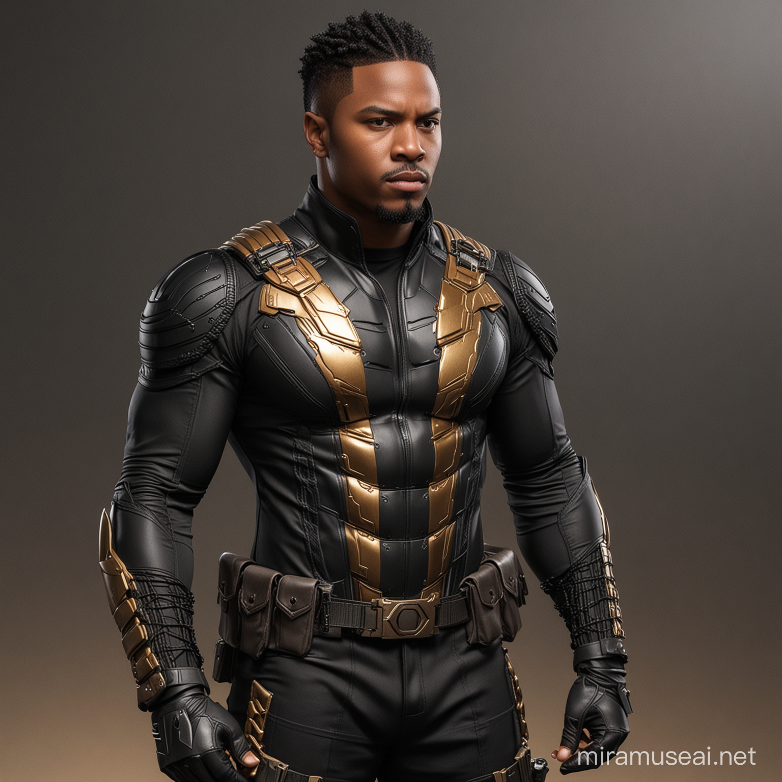 African American film producer Victor Foh Jr as Nix Uotan, DC Comics Nix Uotan, hyper realistic, 8K, comic accurate suit, Victor Foh Jr dressed in all black form fitting tactical bodysuit underneath a black  tactical trench coat with metallic gold accents, Victor Foh Jr as comic accurate Nix Uotan, cornrows with faded sides 