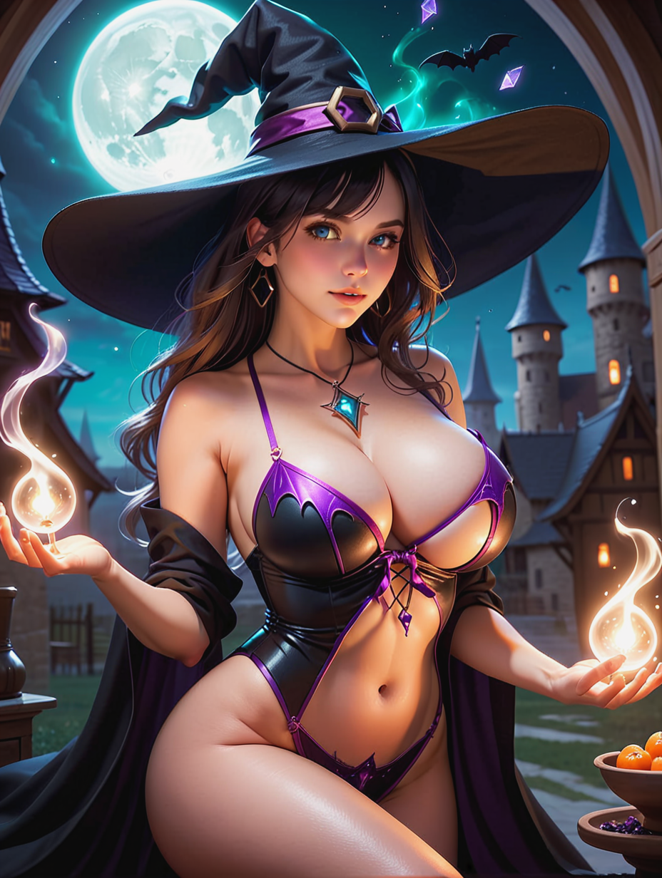 Sexy Witch Summoning Demon with Enchanting Spell