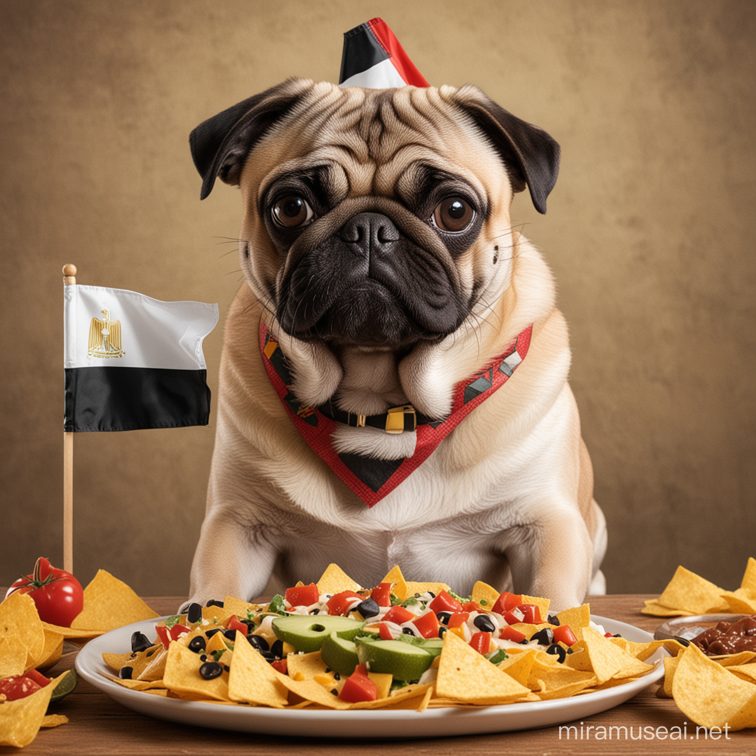 a pug eating nachos and has a mustache with an Egyptian flag in the background  