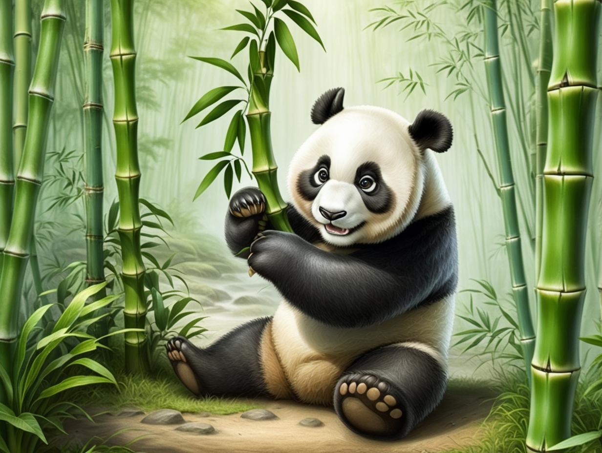 In the left corner A panda bear playing with bamboo in the rainforest 