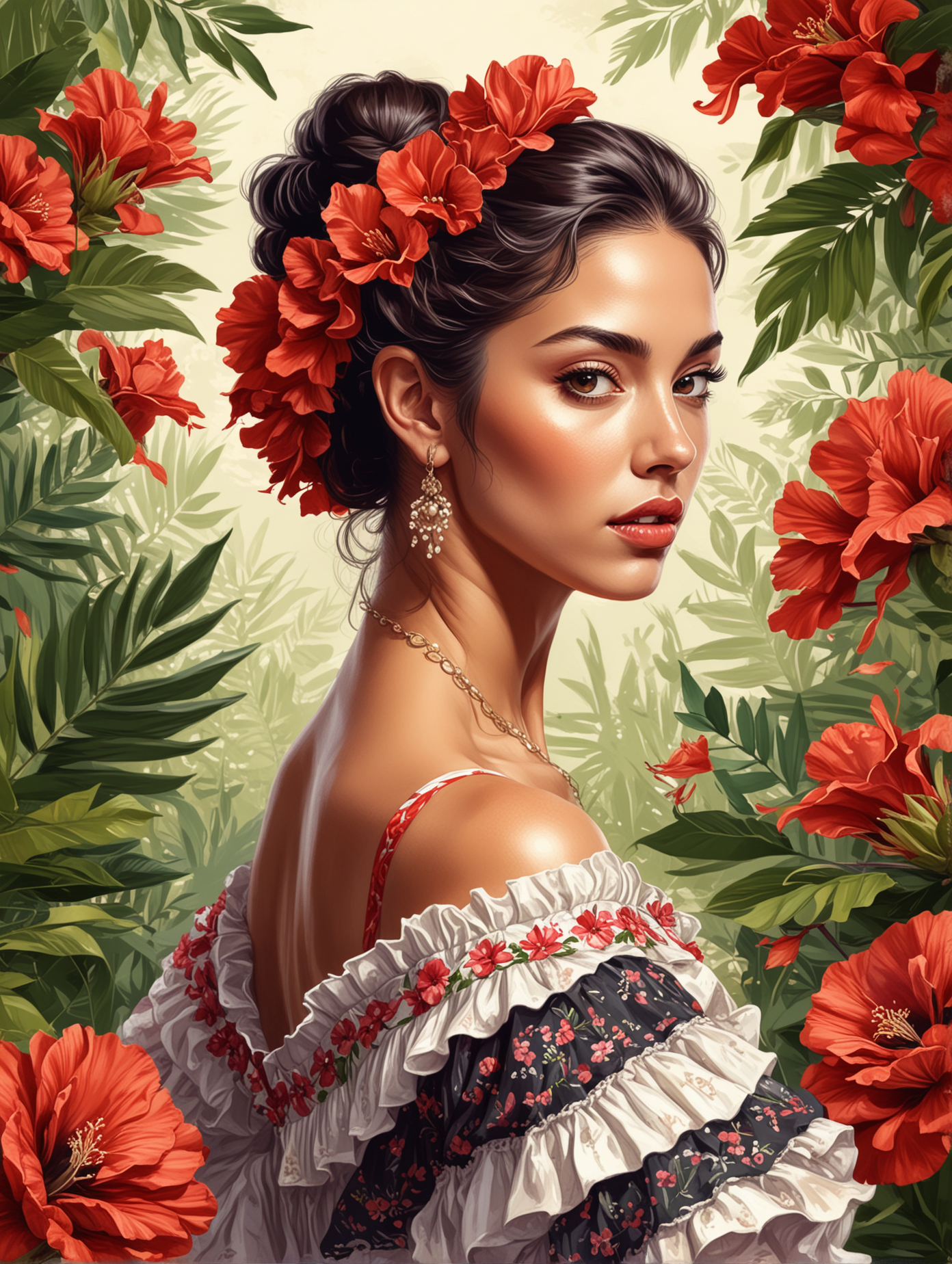 illustration of a beautiful woman flamenco dancer, she wears the traditional dress, flowers and plants in the background, portrait 