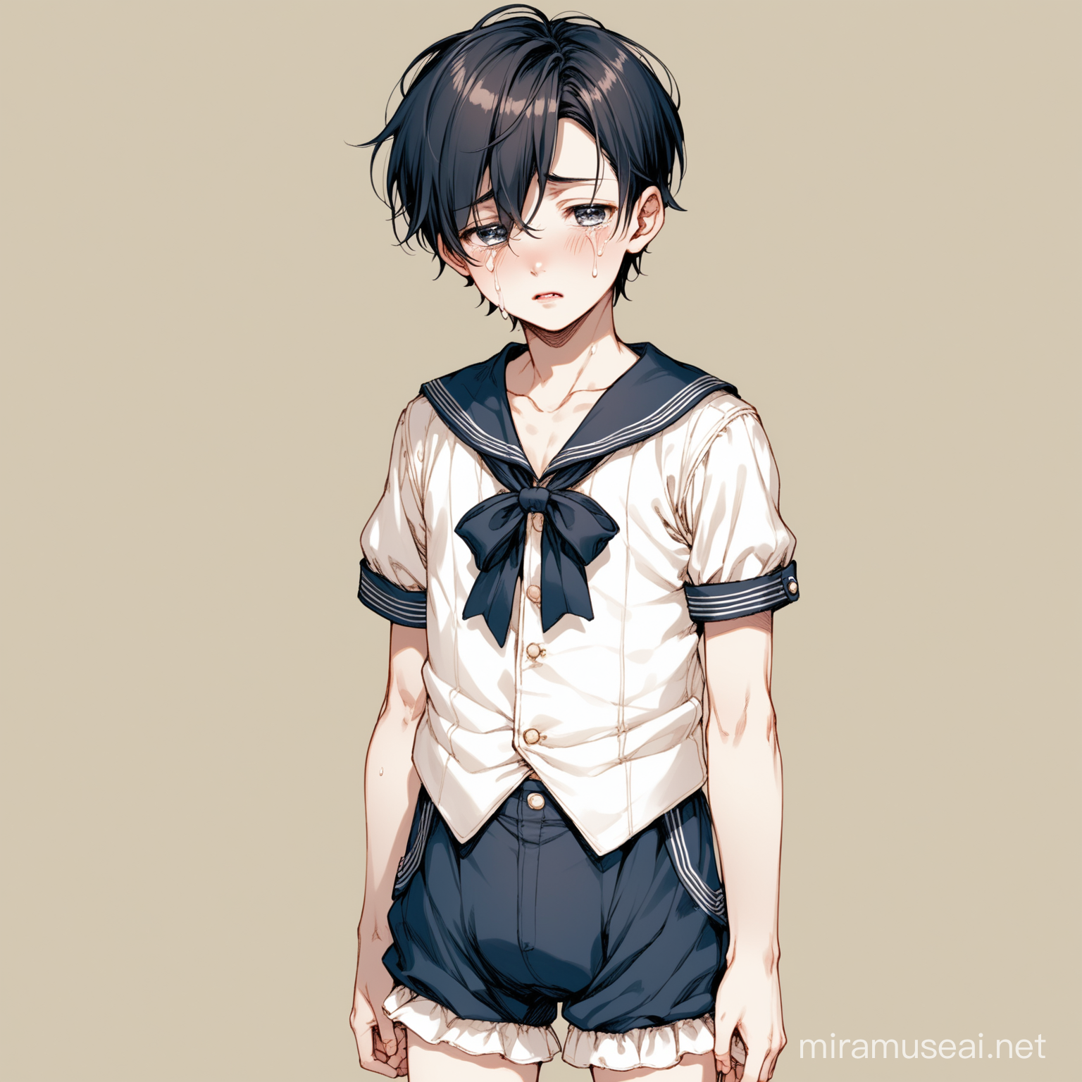 A very beautiful boy, 15 years old, skinny, no muscles, short hair, white skin, crying after his mother forced him to wear baby clothes and diapers because he was naughty.  The boy now wears a childish, Victorian-era-looking sailor suit and short pants With diapers.