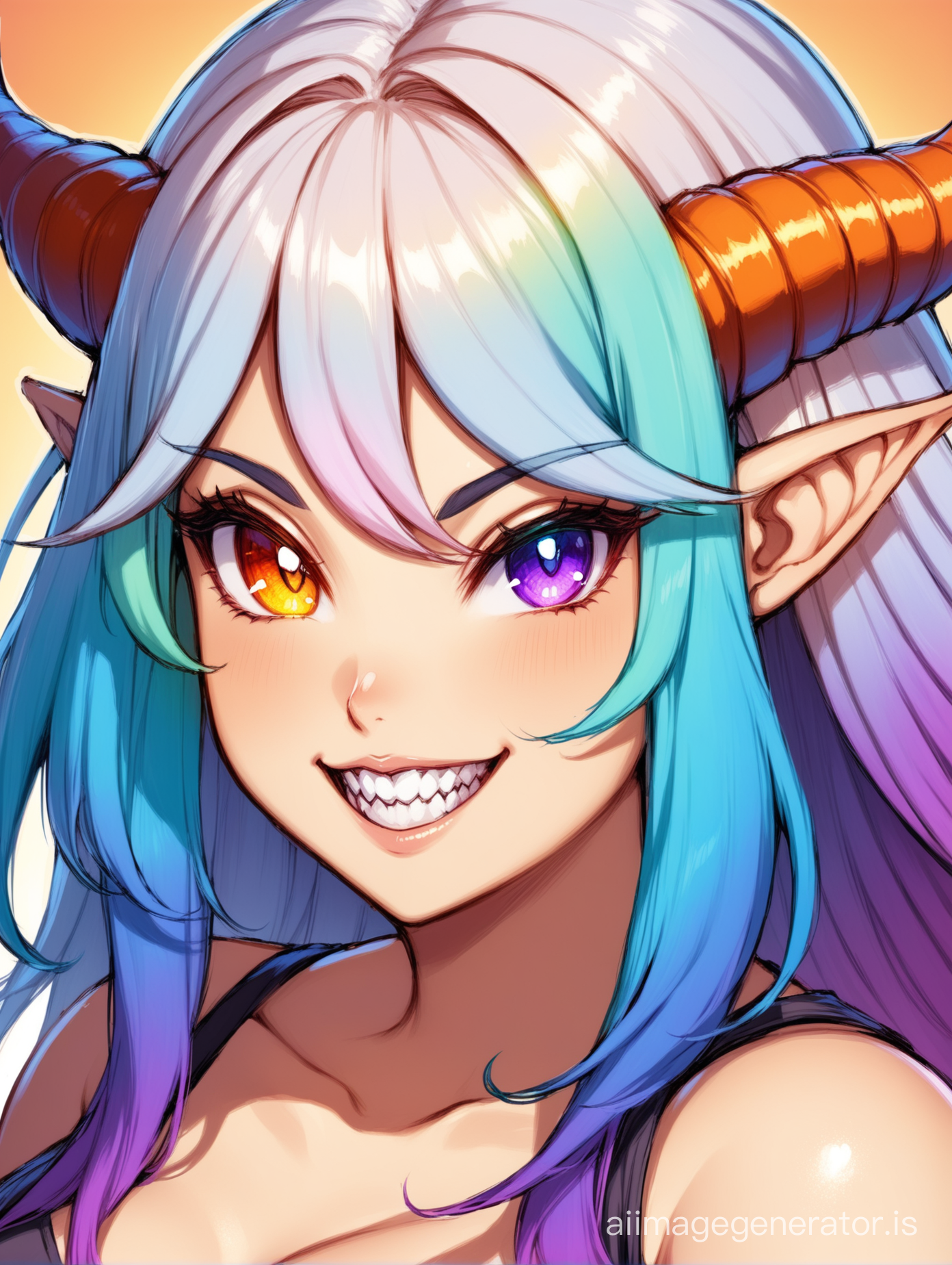 curvy woman, heterochromia, one eye red, one eye orange, blue purple ombre hair, horns, pointy teeth, elf ears