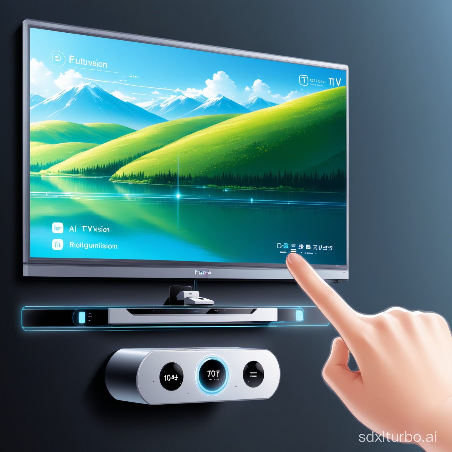 名称：FutureVision TV 外观设计： FutureVision TV采用简约、现代的外观设计，整体造型流线型，以银色或黑色为主色调，给人一种未来科技感。设备体积相对较小，便于放置和携带。 全息显示技术： FutureVision TV采用全息技术，能够在空中呈现逼真的图像和视频。用户可以直接在空中观看电影、播放游戏或浏览网页，无需屏幕，带来更加沉浸式的观影体验。 隔空交互功能： FutureVision TV具备隔空交互功能，用户可以通过手势控制来操作电视。使用者可以用手指滑动和捏合手势进行菜单选择、音量调节等操作，实现一个直观、自然的用户界面。 语音识别与控制： FutureVision TV内置强大的语音识别技术，用户可以通过语音指令来控制电视。无需遥控器，只需用语音命令即可实现切换频道、搜索内容、调整音量等操作。 智能AI助手： FutureVision TV搭载智能AI助手，能够理解用户需求并提供个性化推荐。智能AI助手能够学习用户的喜好和习惯，根据用户的观看历史和兴趣推荐适合的电影、电视剧和其他内容。