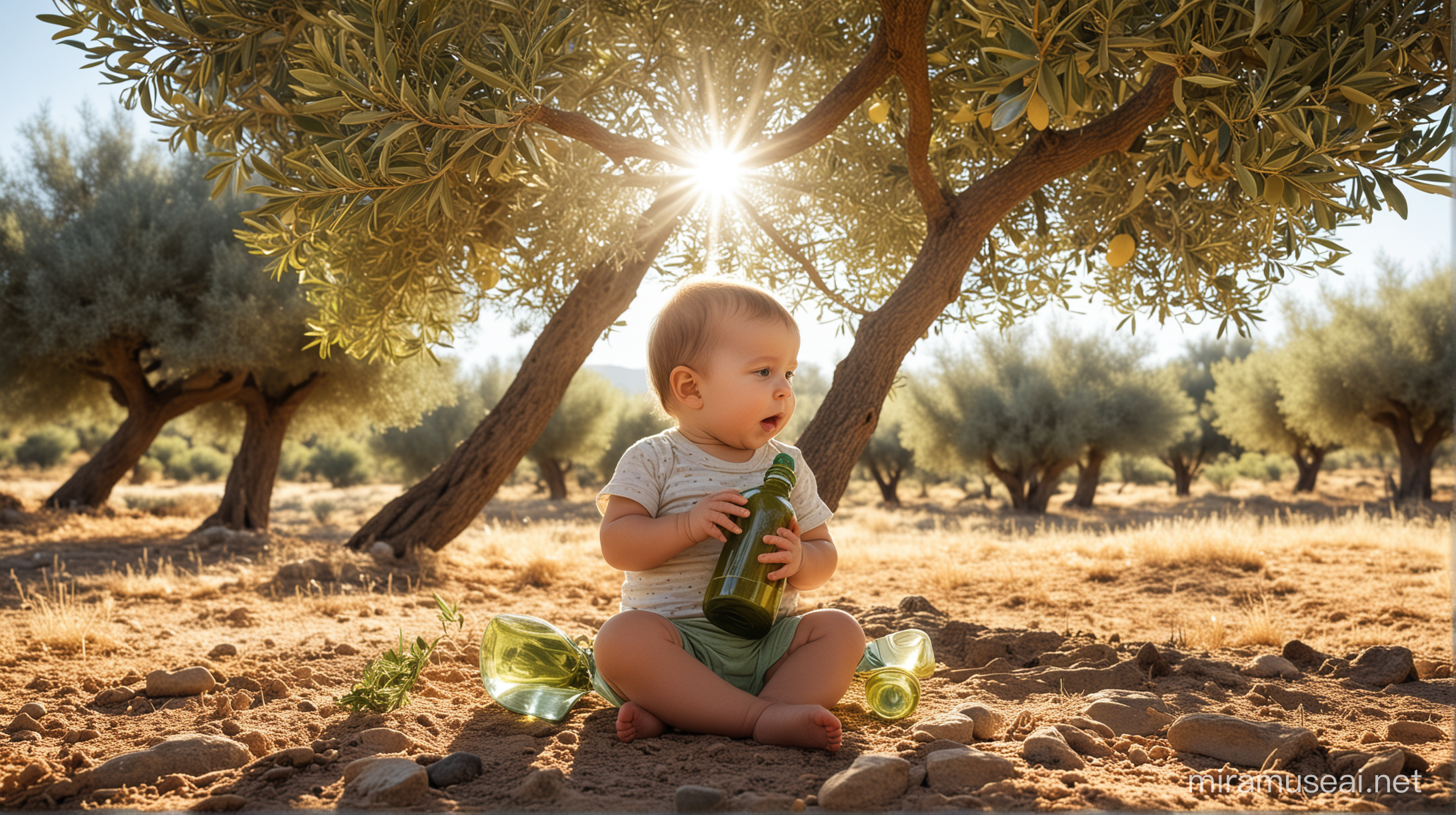 create a photo of a baby sitting under one olive tree. The baby is holding a transparent bottle that contains olive oil. The sun's beams are going through the leaves of the olive tree. Use much green color and make the photo to be realistic as much as you can.