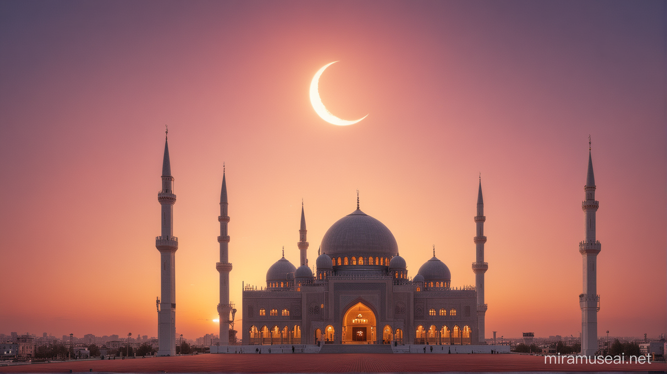 Isolated Mosque against Beautiful Warm Sky with Crescent