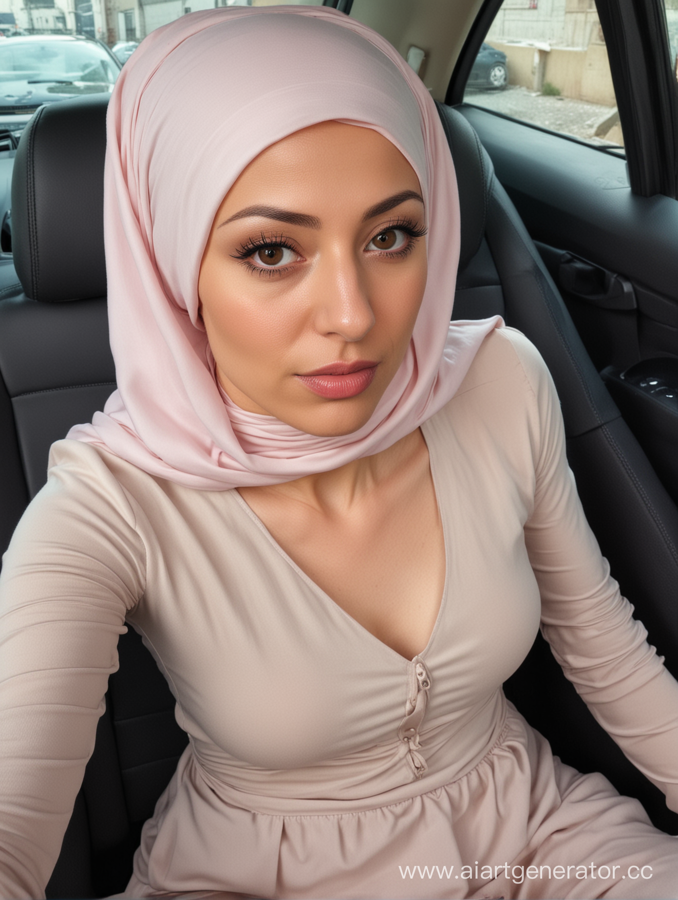 A petite woman, 35 years old, hijab, camisole, sits car seat, from above, top view, italian, hairless, plump body. She is in pain. Tight
tits, intense makeup, pov