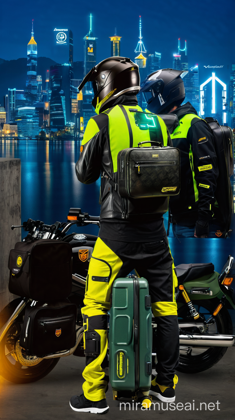 I need an image that has several motorcycles with their drivers, a suitcase on the back, the photo shows the motorcycles from afar with a cyberpunk background, dressed in yellow and black, carrying a Jagermesier whiskey