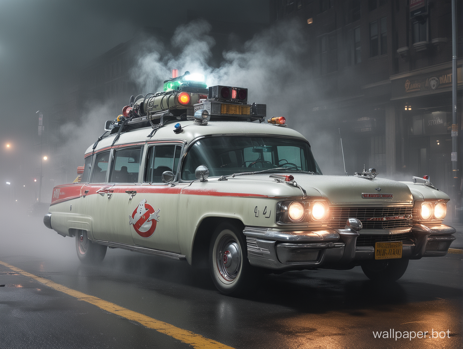 ghostbusters ecto 1 in fog sirens on 4k
