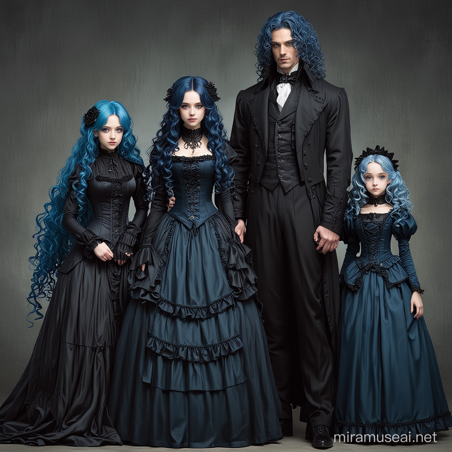 Gothic Family with Blue Long Curly Hair in Victorian Clothing Anime Style Portrait