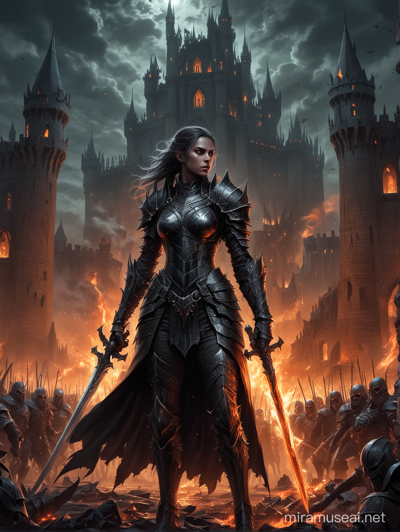 An elf female black knight. She's wearing a black armor and wield a flaming black long sword. She looks enraged. She's standing in front of a gothic fortress by night and is surrounded by an army of undead.