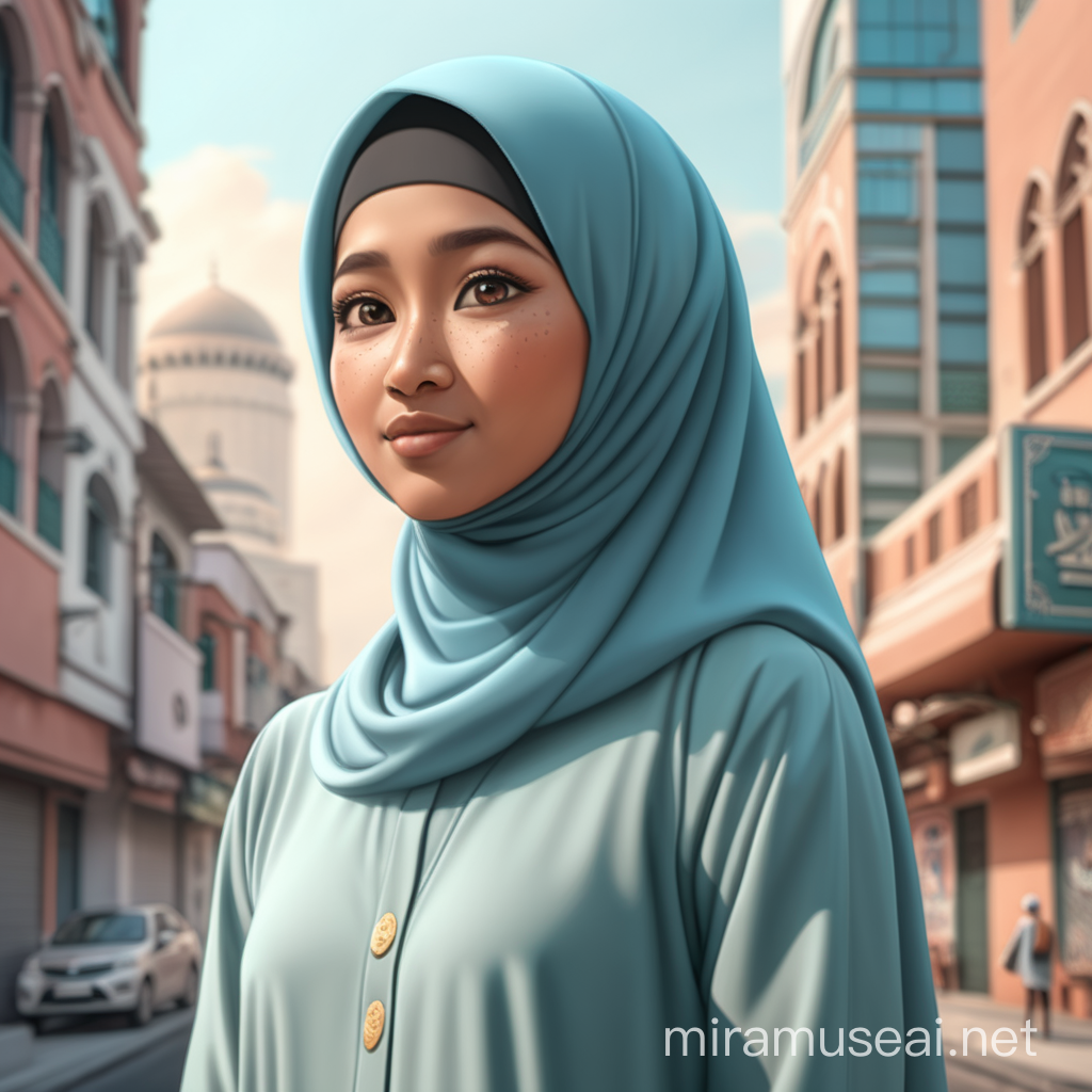 4D illustration of a tall Muslim Indonesian woman with an oval face, alone in the city