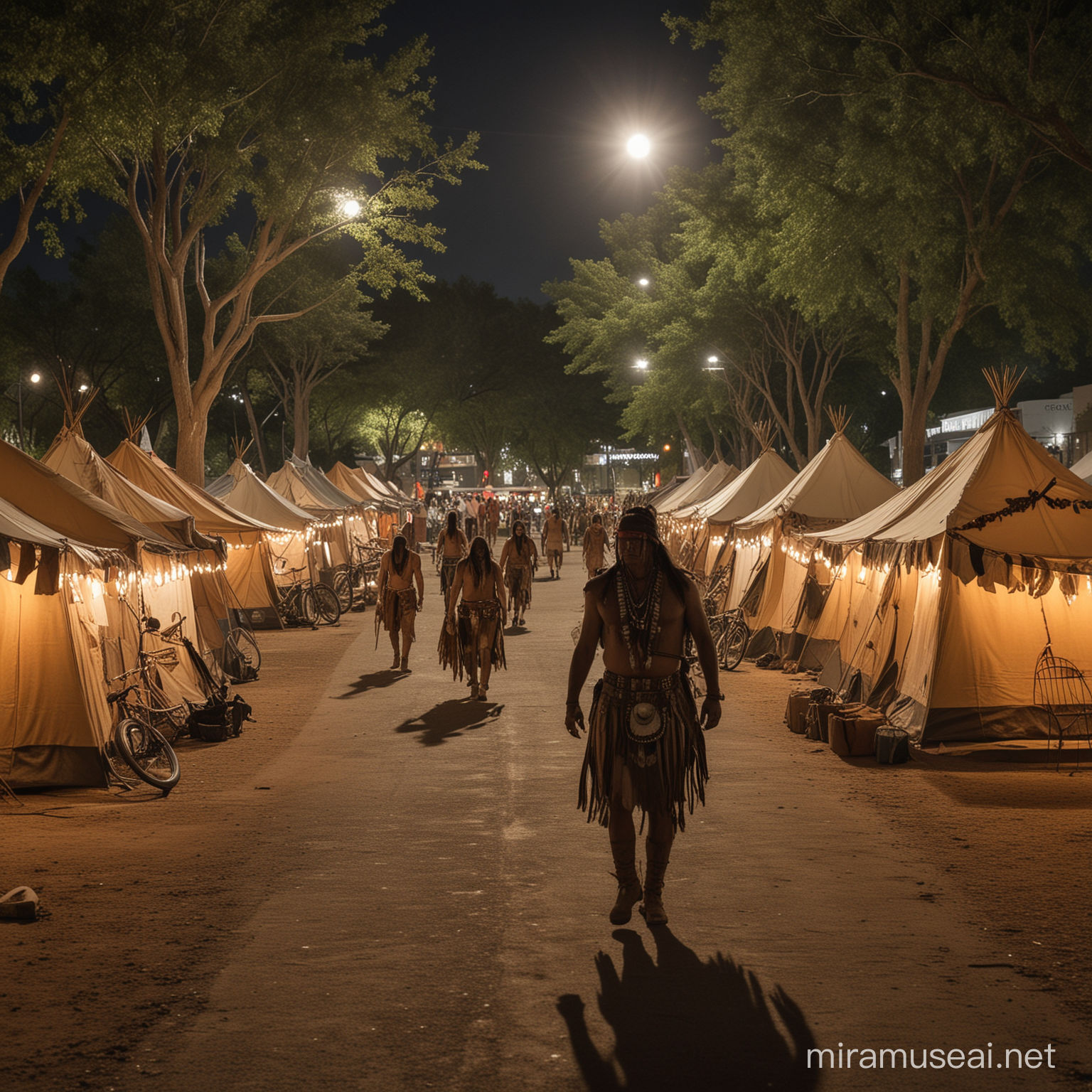 Native American Warrior wearing a garment.The image shows a group of people walking around a plaza with tents and trees. It is an outdoor scene with a street and some bicycles visible. The setting appears to be a town or city at night with lights illuminating the area.