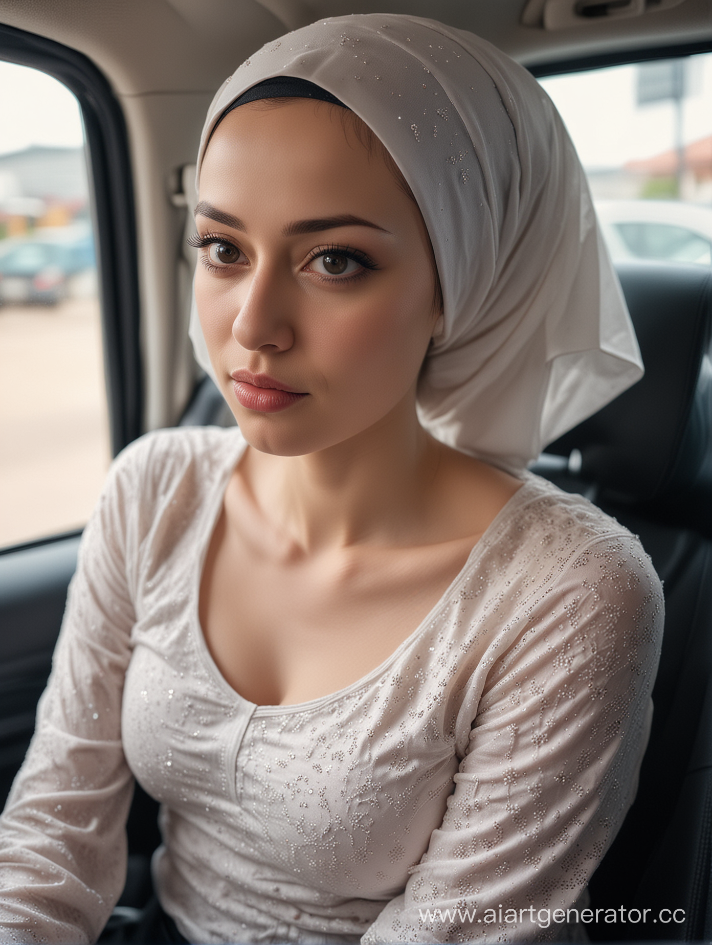 A petite porcelain skin woman, 35 years old, hijab, camisole, sits car seat, from above, top view, hairless, plump body. She is in pain. Tight tits, intense makeup, pov, most beautiful, cute, shot with Sony Alpha A6500 1.4f, bokeh, highly detailed, masterpiece