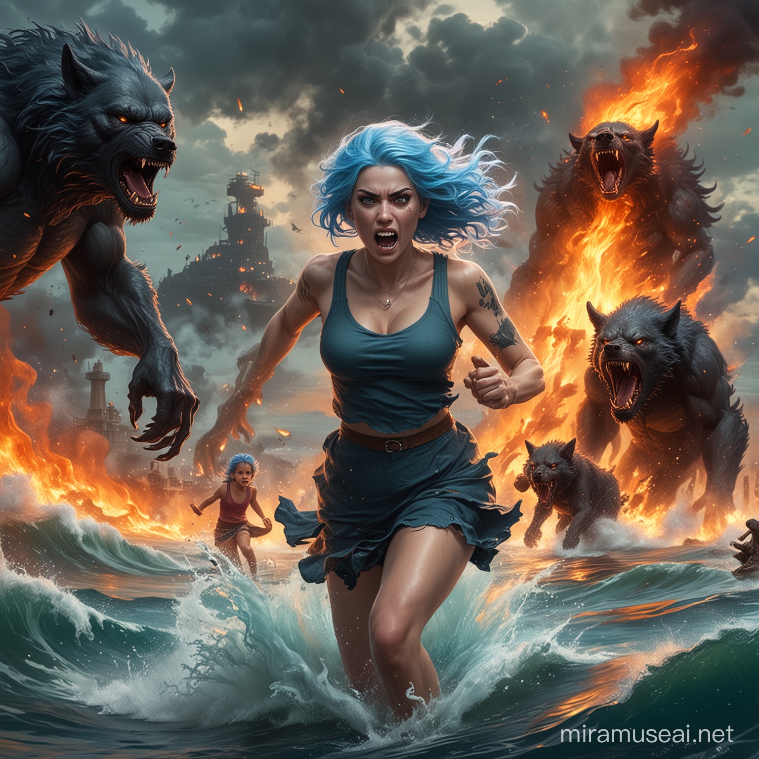 A lady with blue  hair and large breast holding a little girl on her hand running on an ocean and being pursued bytwo angry black werewolves from behind (lots of fire burning on the water) 