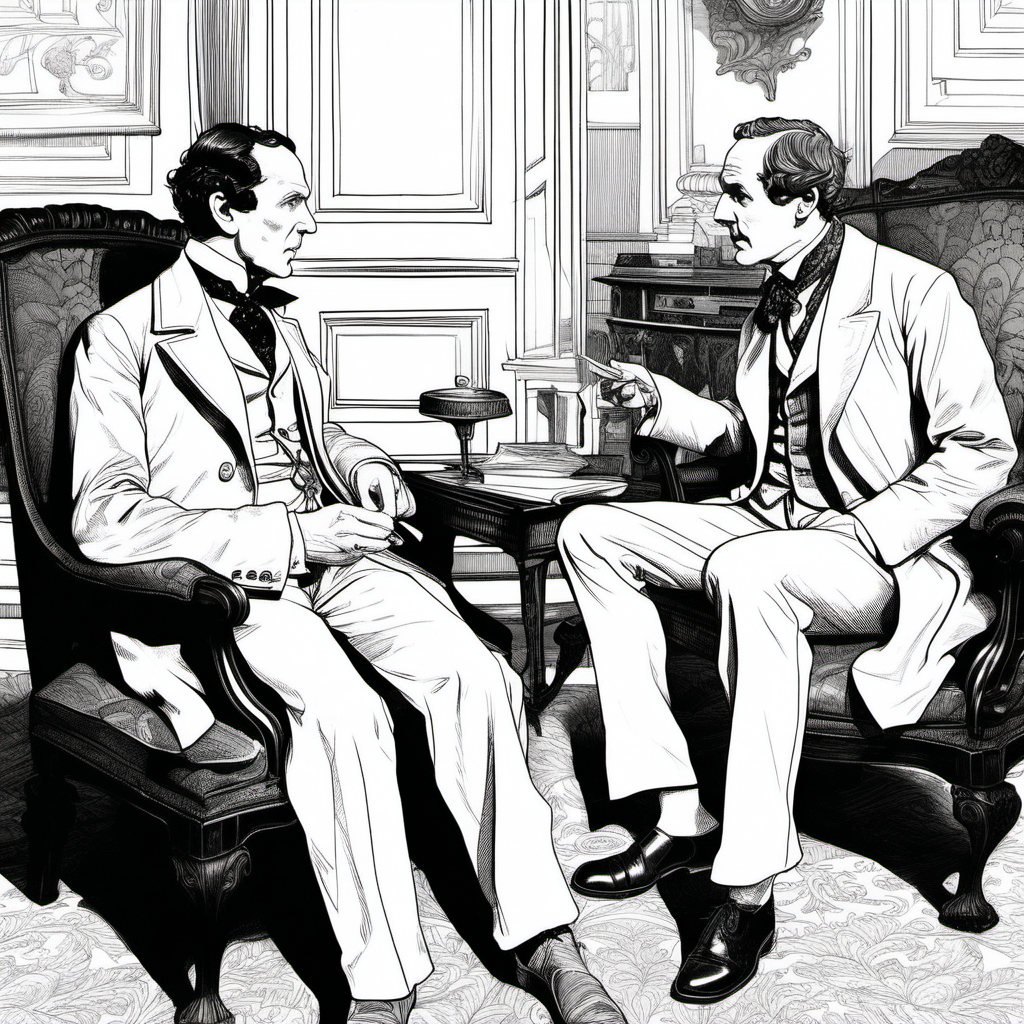 Monochrome Illustration of Sherlock Holmes and Dr Watson in White Attire Conversing in a Drawing Room