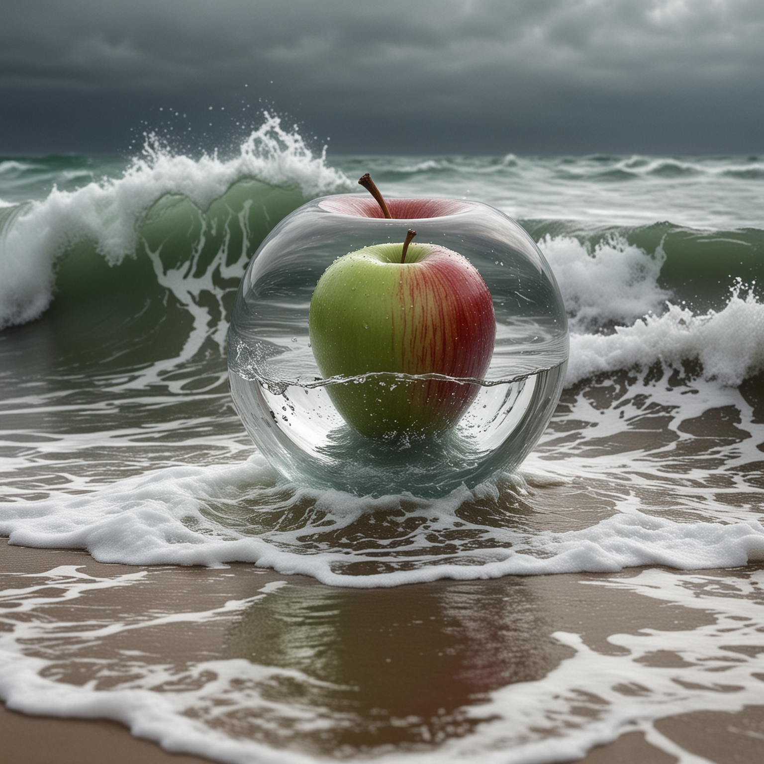Surreal Transparent Apple with Miniature Storm Inside