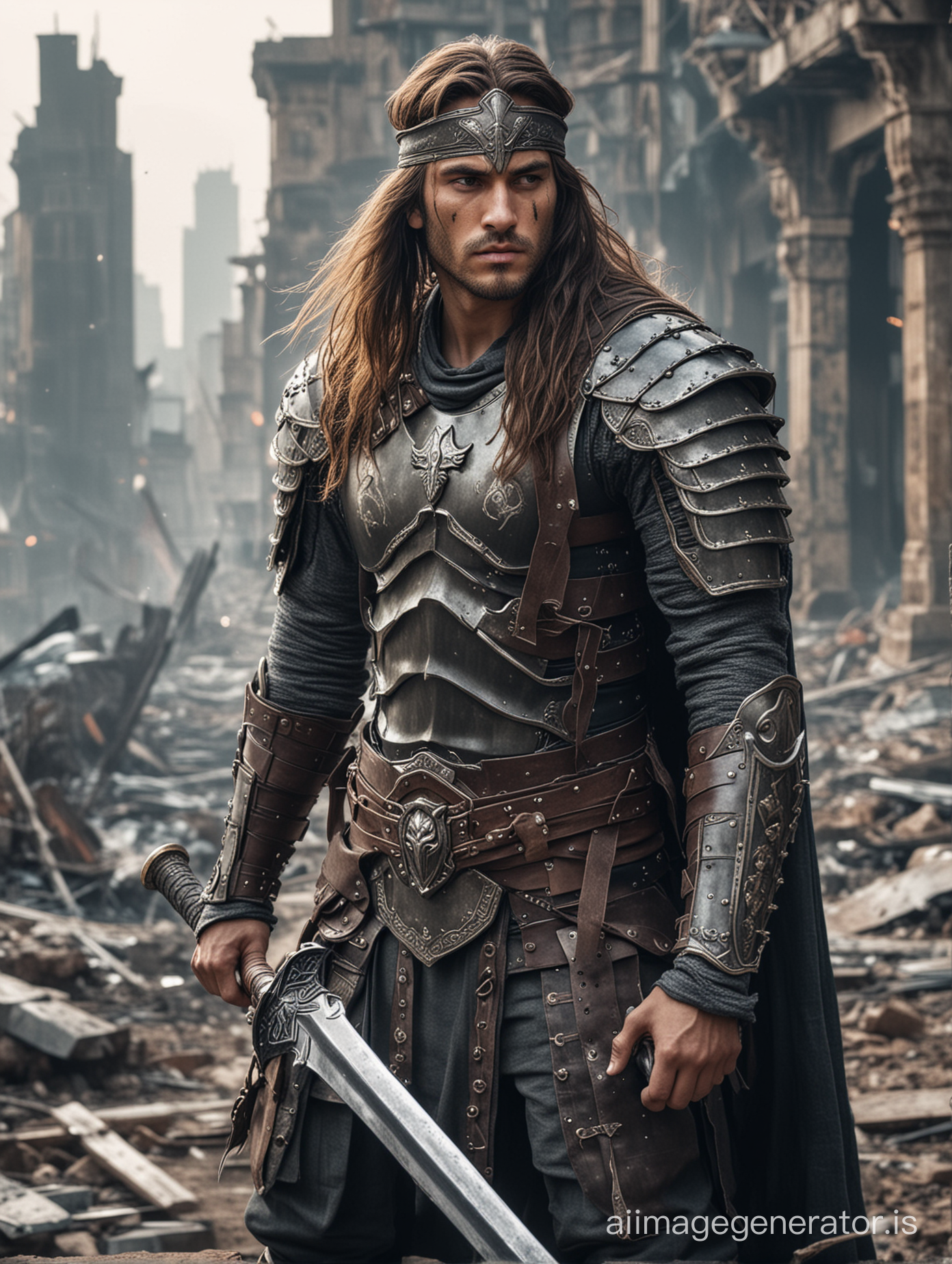 A man with long hair and headband wearing a warrior armor hold the big sword, background the broken city