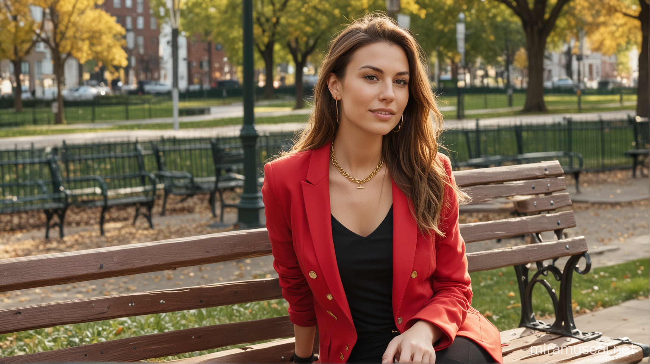 30 year old white woman sitting on a park bench in an urban park closeup. She has long brown hair parted to the right. She is wearing a red blazer, gold necklace with very low cut black shirt and black pants.