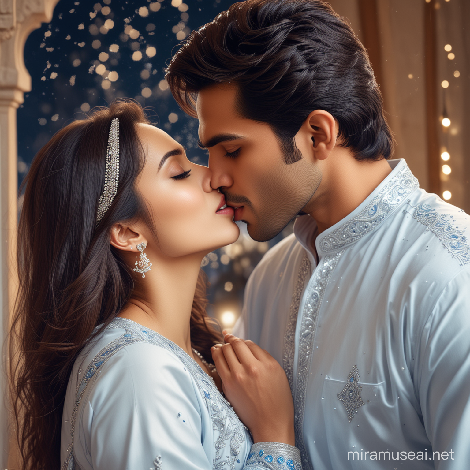 create hyper-realistic life-like ultra-hd highly-detailed portrait of a handsome young Pakistani man in blue kamiz and white shalwar kissing passionately in a romantic way with a young beautiful charming Pakistani woman on Eid ul Fitr and there is a glittering text "Eid ul Fitr Mubarik" written in background 