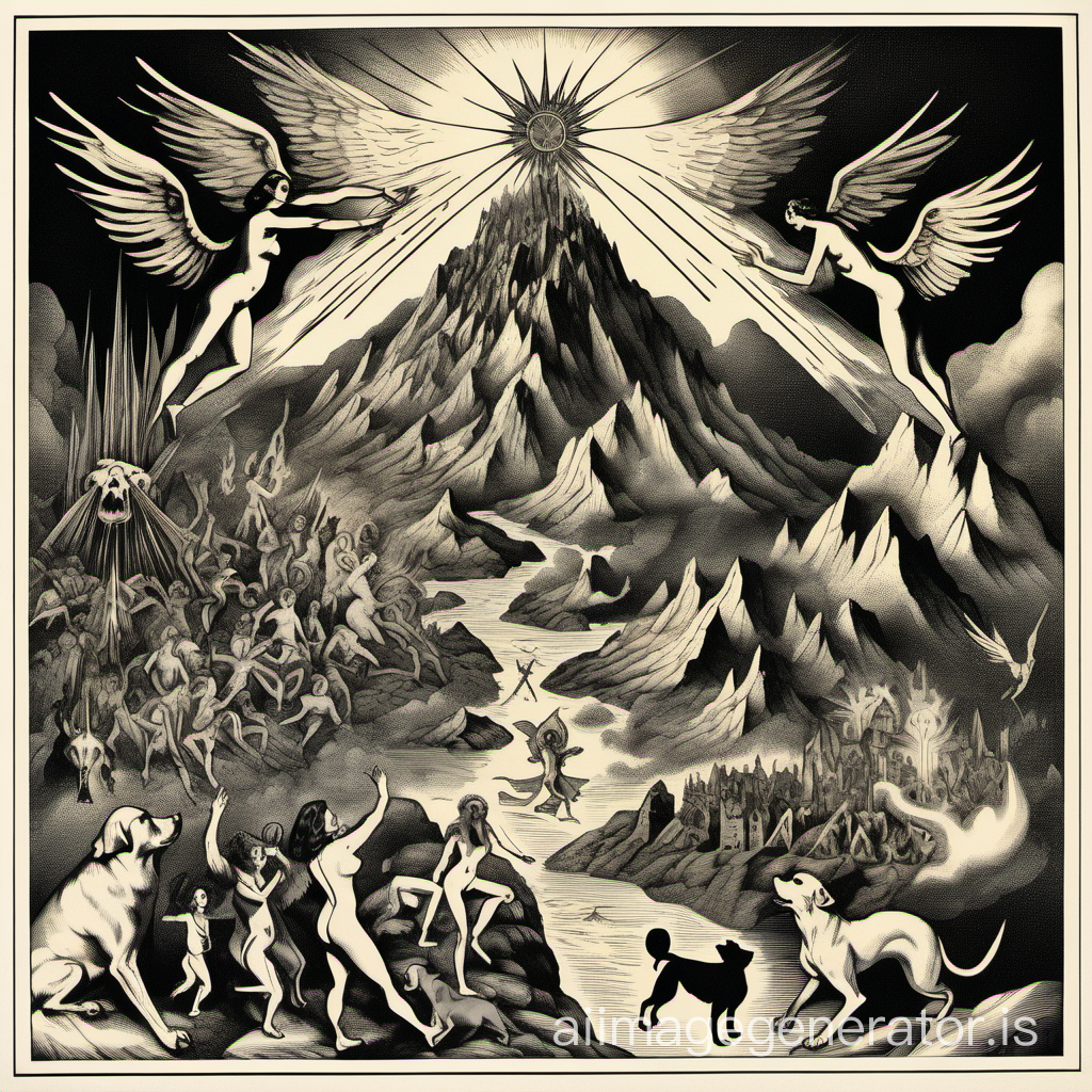 Lithography, black and white, tarot card, symbology. An erupting mountain, naked women, harpies, cancerbero, dogs with rabies.
