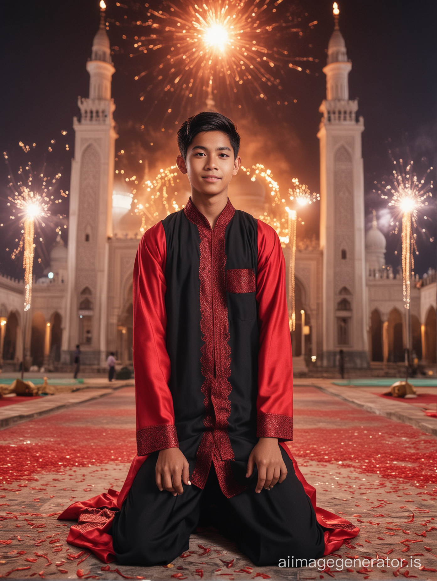 A young handsome indonesian boy age 17 years old, black short neat hair wearing black squat and red jubah or robes. Is posing for eid. Background is beautiful mosque with glittering light and fire crackers