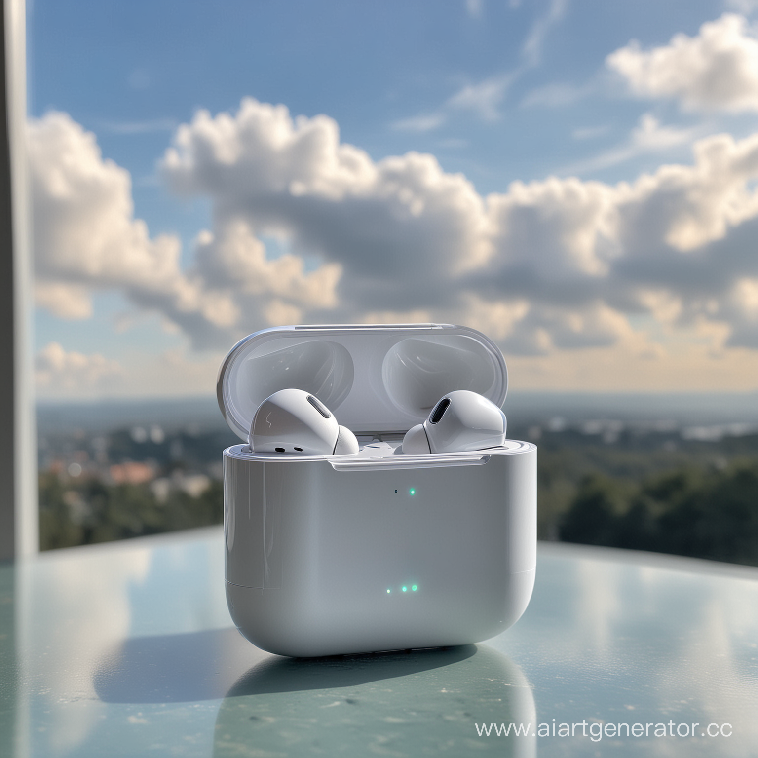 Красивую и реалистичную картину наушников airpods 3 которые стоят на стеклянном столе на фоне неба