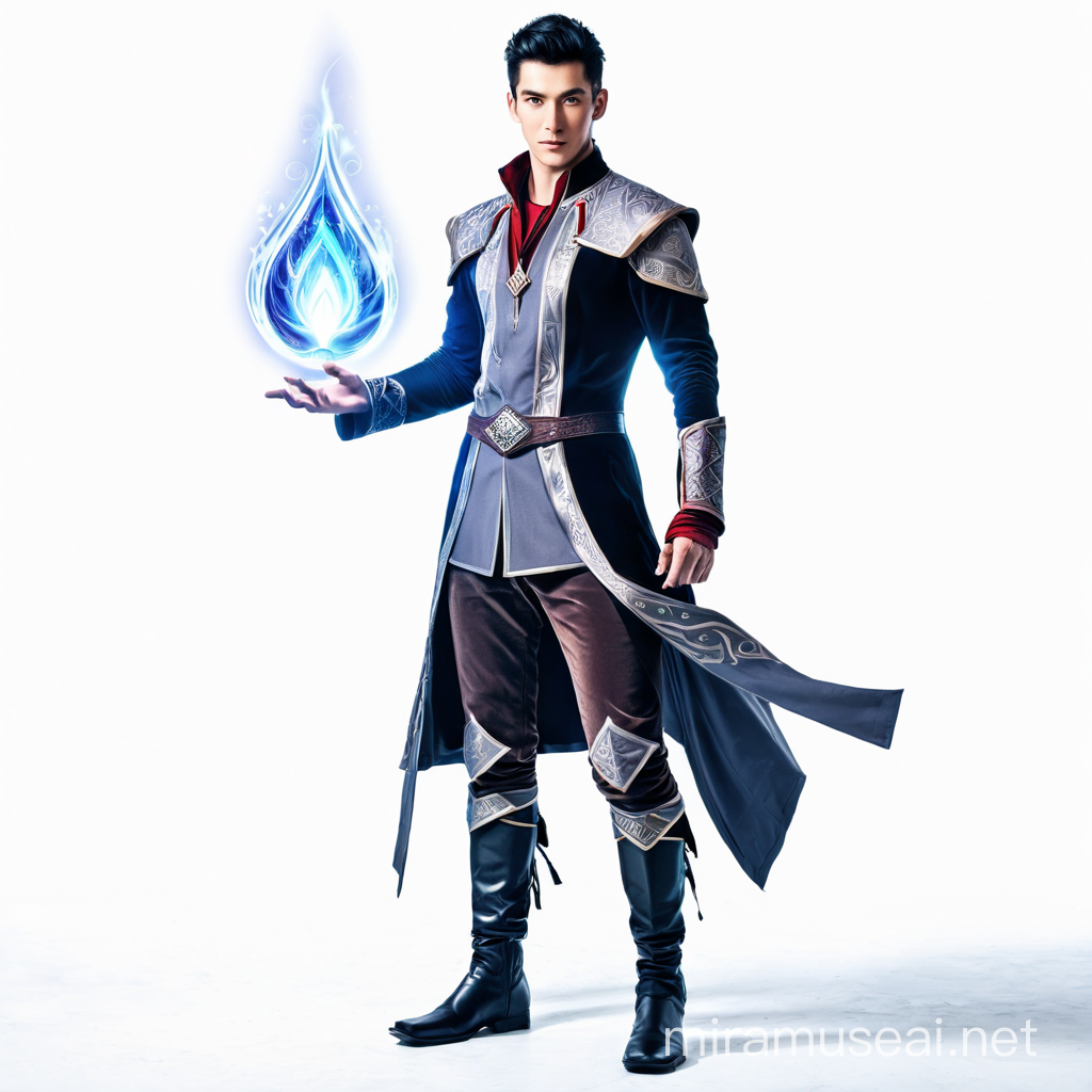 male mage, white background, full body, red clothes