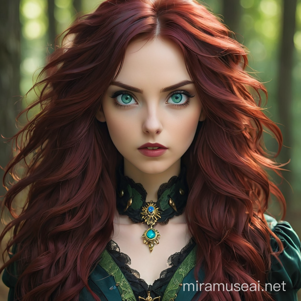 Female, long dark red hair, gothic vitorian, steampunk, Heterocromy eyes bluen and green, vampire